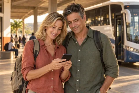 Casal com mochilas consulta o Cidade Turismo no celular, na plataforma de uma rodoviária.