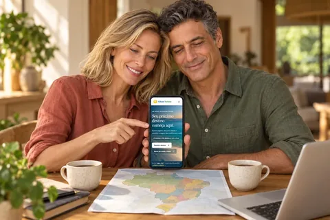Casal planeja uma viagem com o Cidade Turismo no celular, com um mapa do Brasil sobre a mesa.