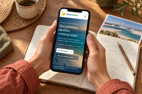 Mãos seguram o celular com o Cidade Turismo aberto, sobre um caderno de viagem.