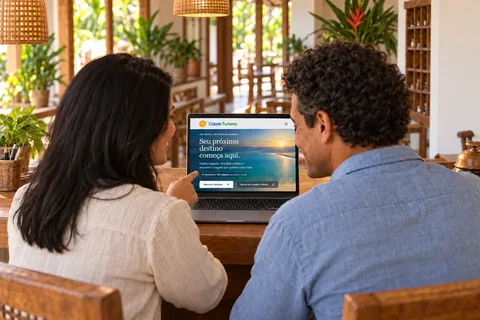 Hoteleira mostra o site Cidade Turismo ao marido no computador da recepção.