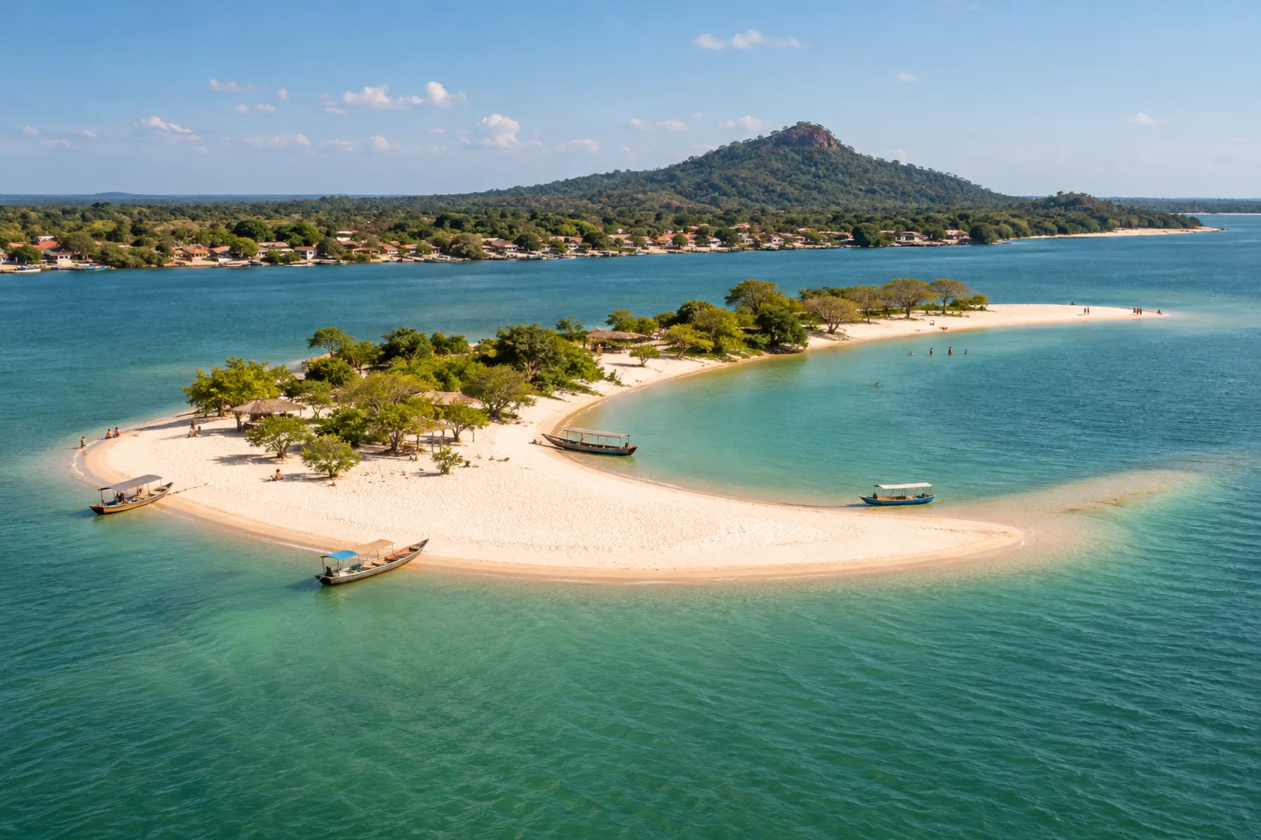 Banco de areia branca em formato de meia-lua cercado por água verde-turquesa.