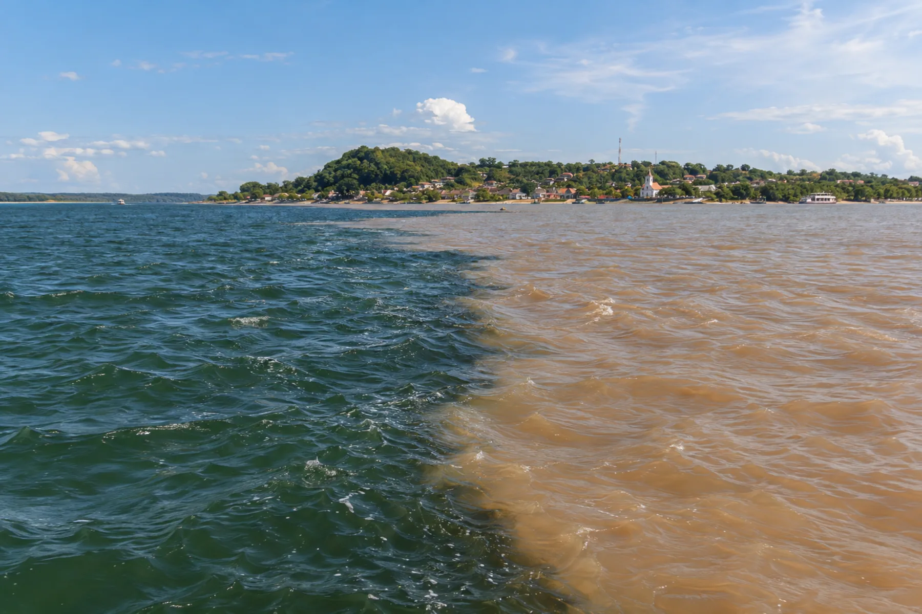 Linha nítida entre água esverdeada e água barrenta em rio muito largo.