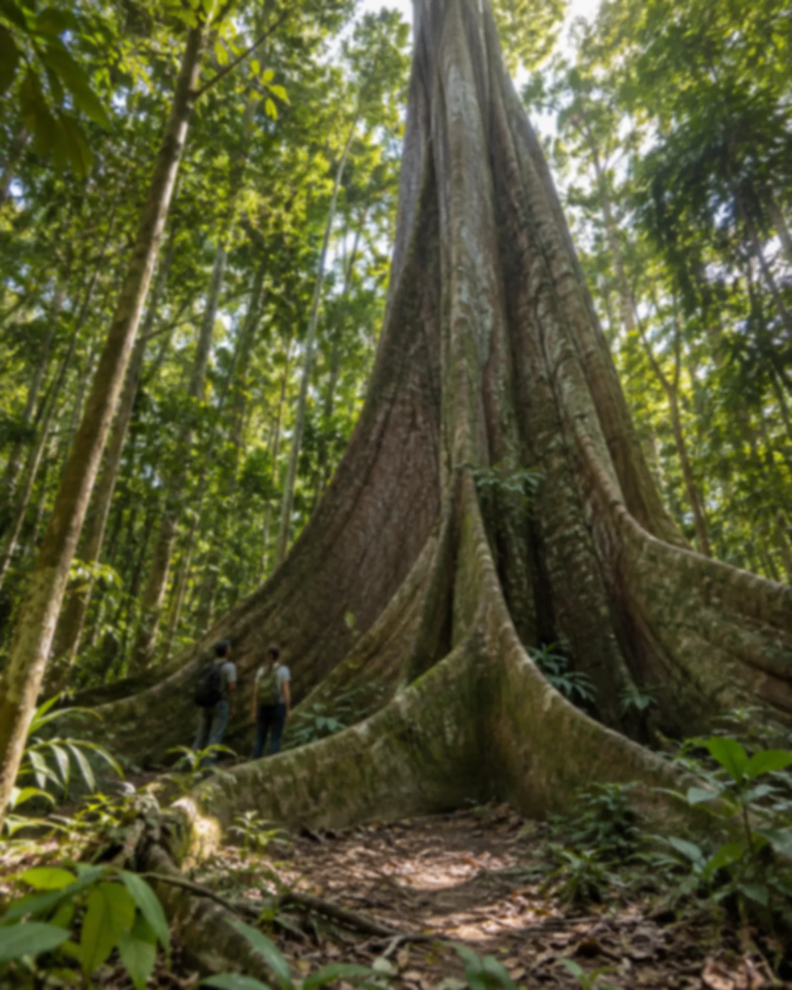 Visitantes pequenos ao pé de uma sumaúma gigante de raízes tabulares na floresta amazônica.