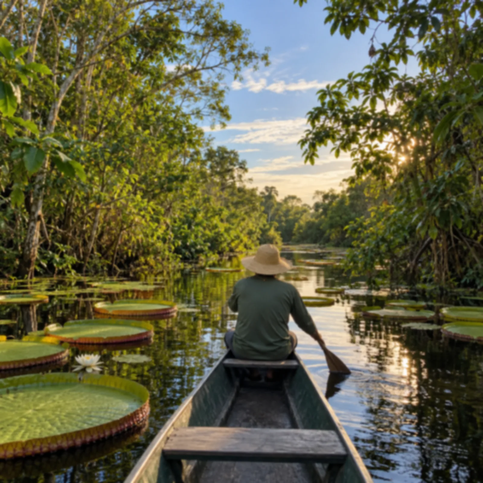Canoa em um canal estreito de várzea cercado por vegetação densa dos dois lados.