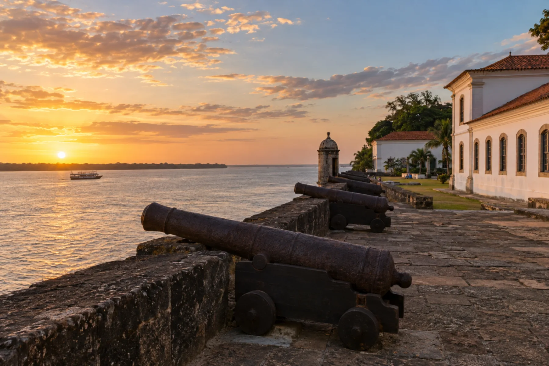 Muralhas de forte colonial com canhões apontados para um rio largo.
