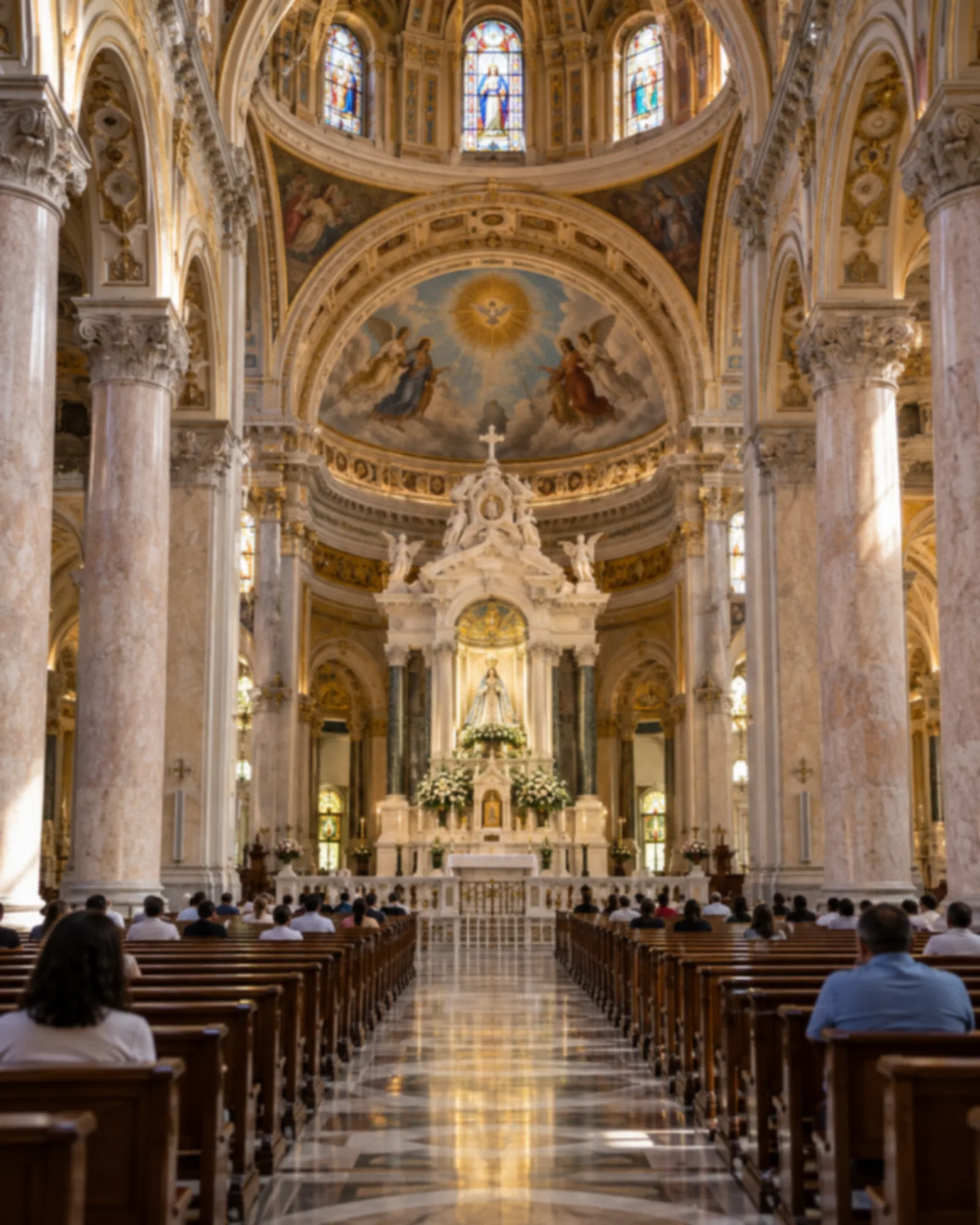 Interior de basílica com colunas de mármore.