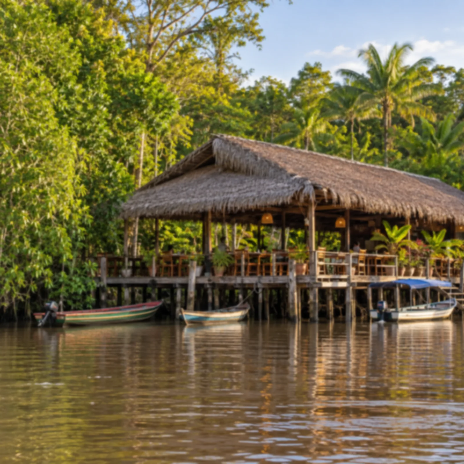 Restaurante de palafita de madeira sobre rio amazônico cercado por floresta densa.