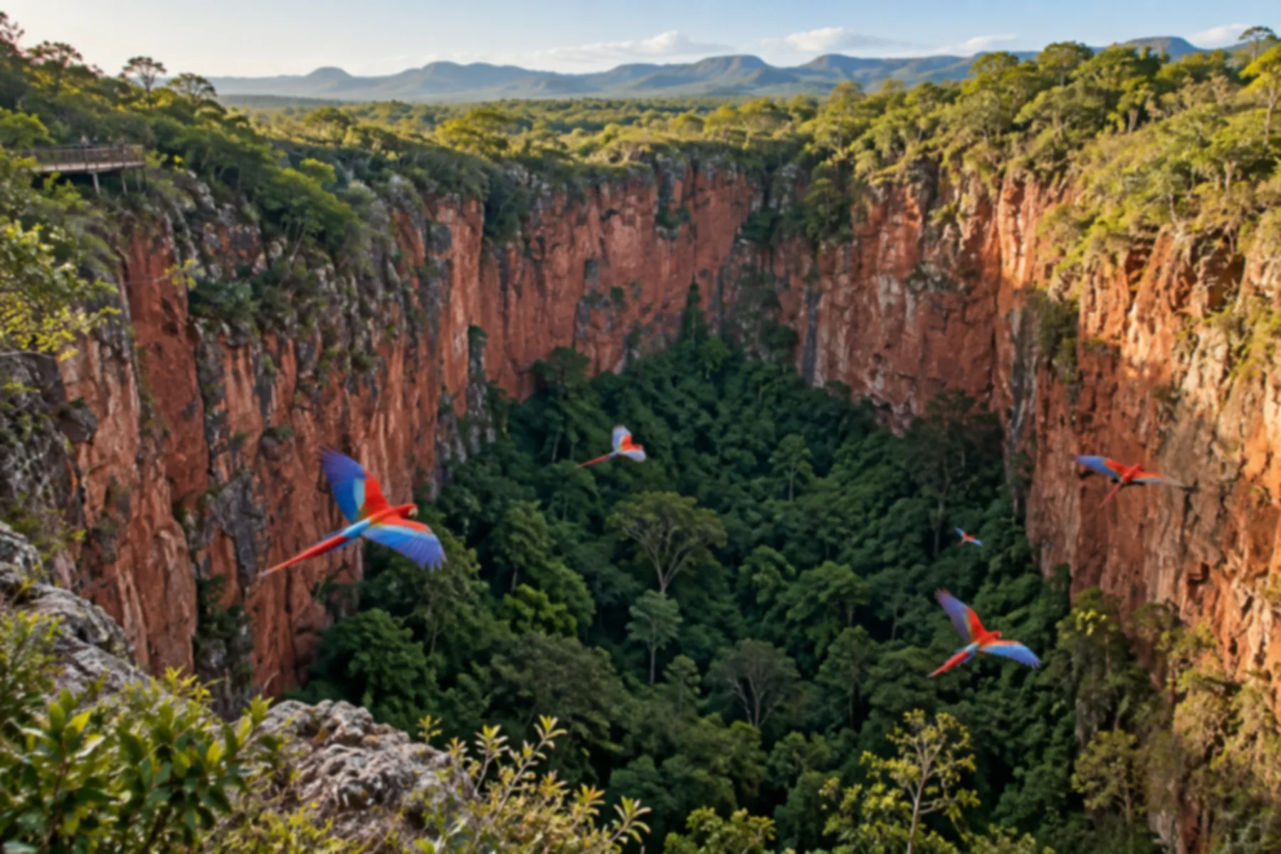 Araras-vermelhas sobre os paredões da dolina do Buraco das Araras.