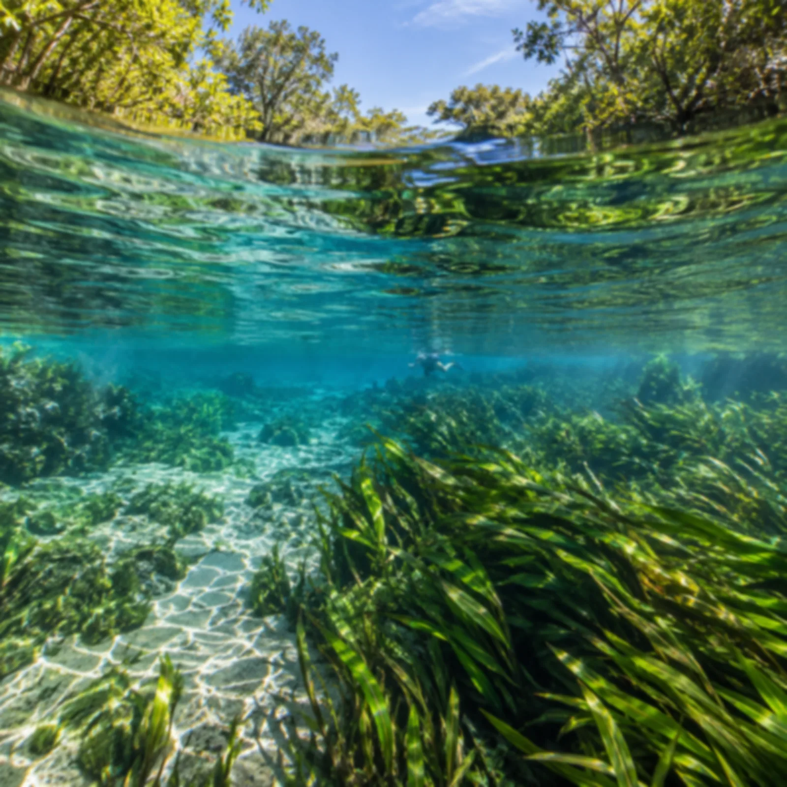 Vegetação subaquática nas águas transparentes do Rio Sucuri.