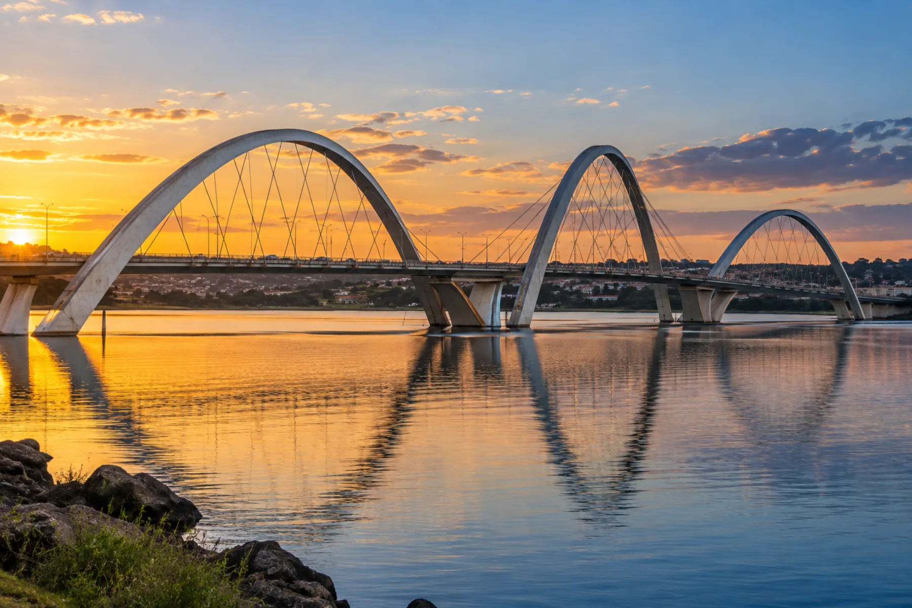 Ponte com três arcos de aço entrelaçados cruzando um lago ao anoitecer.