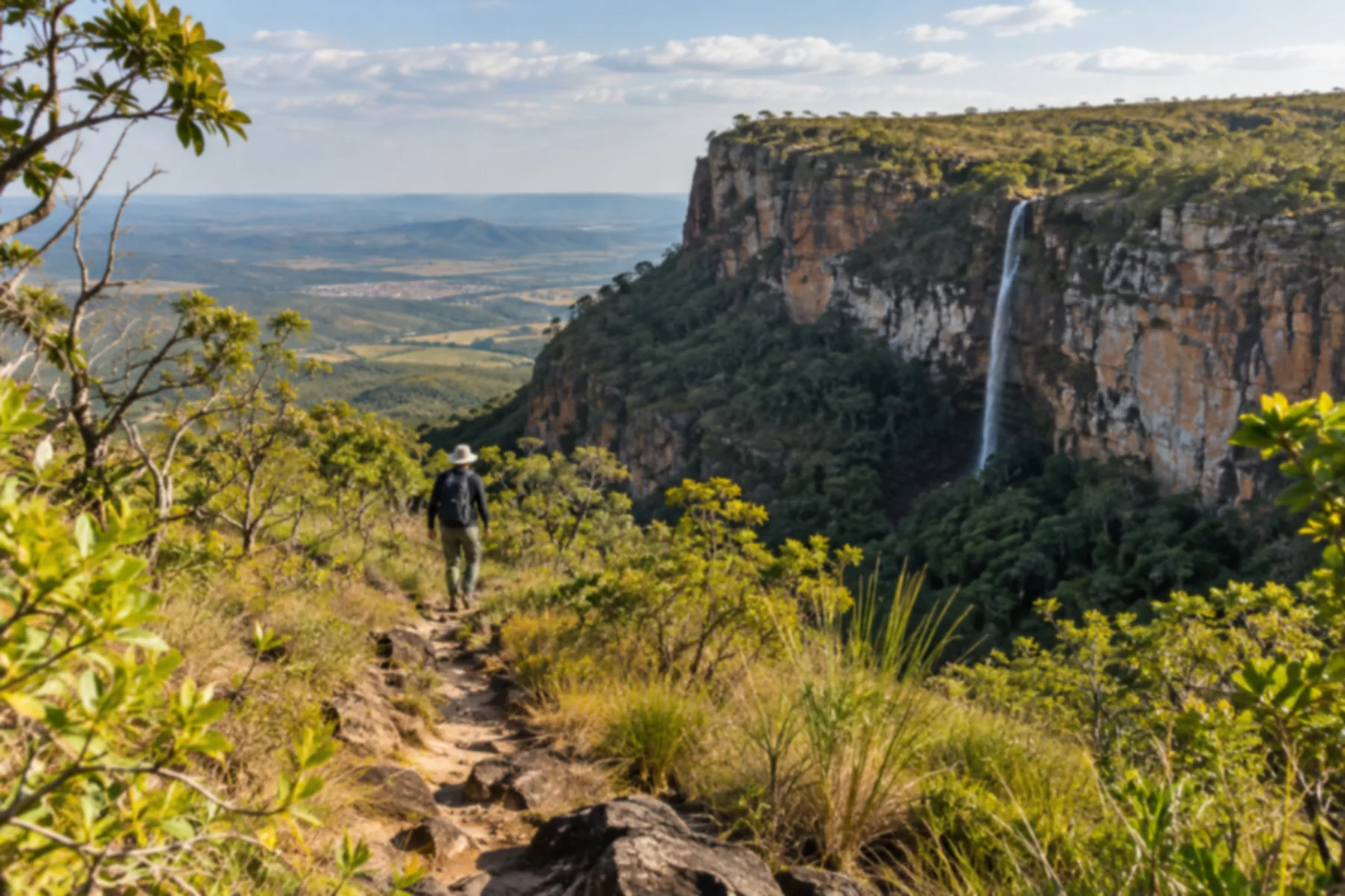 Trilha em meio ao cerrado de altitude subindo um morro de topo plano.