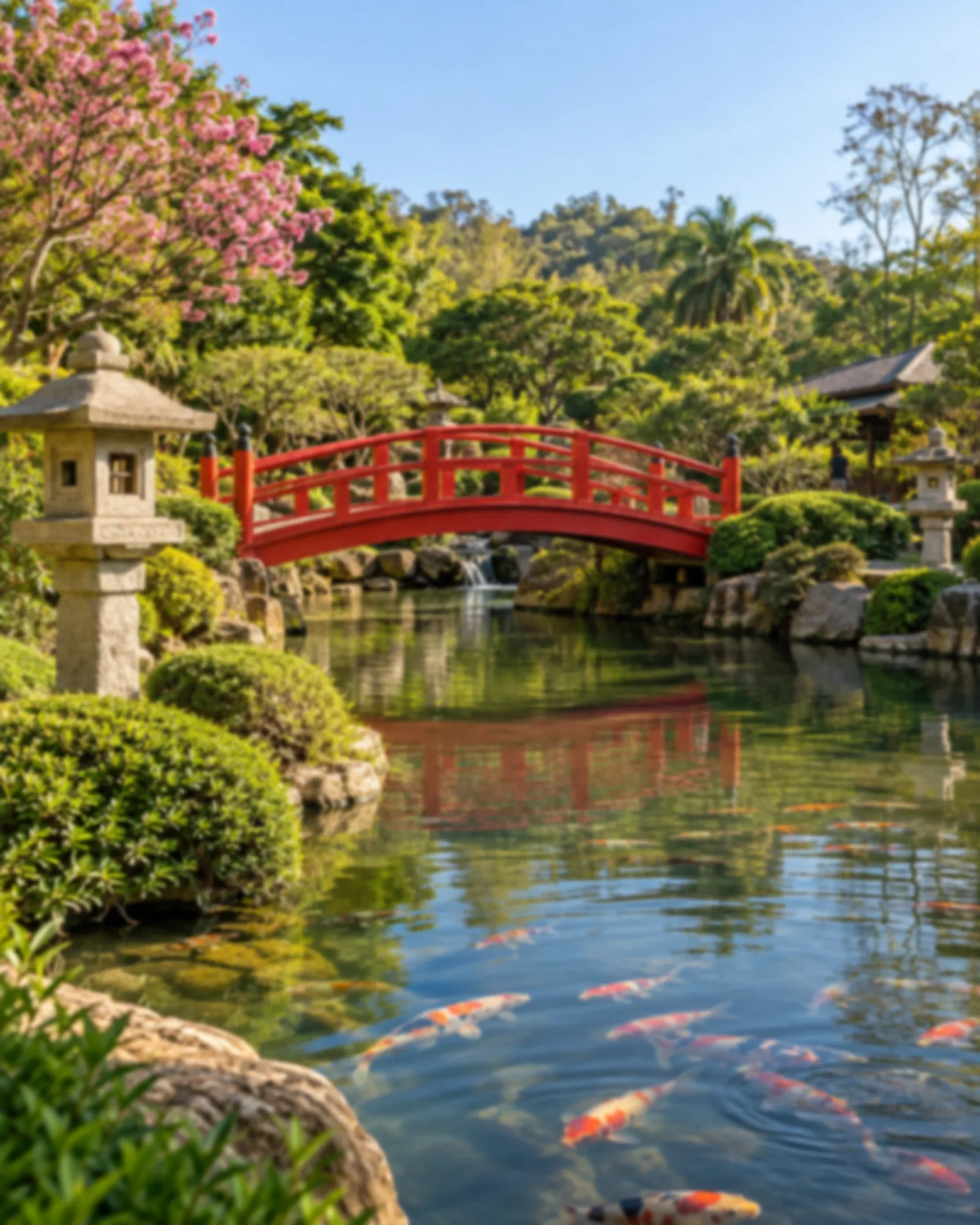 Ponte vermelha de estilo japonês sobre um lago com carpas.