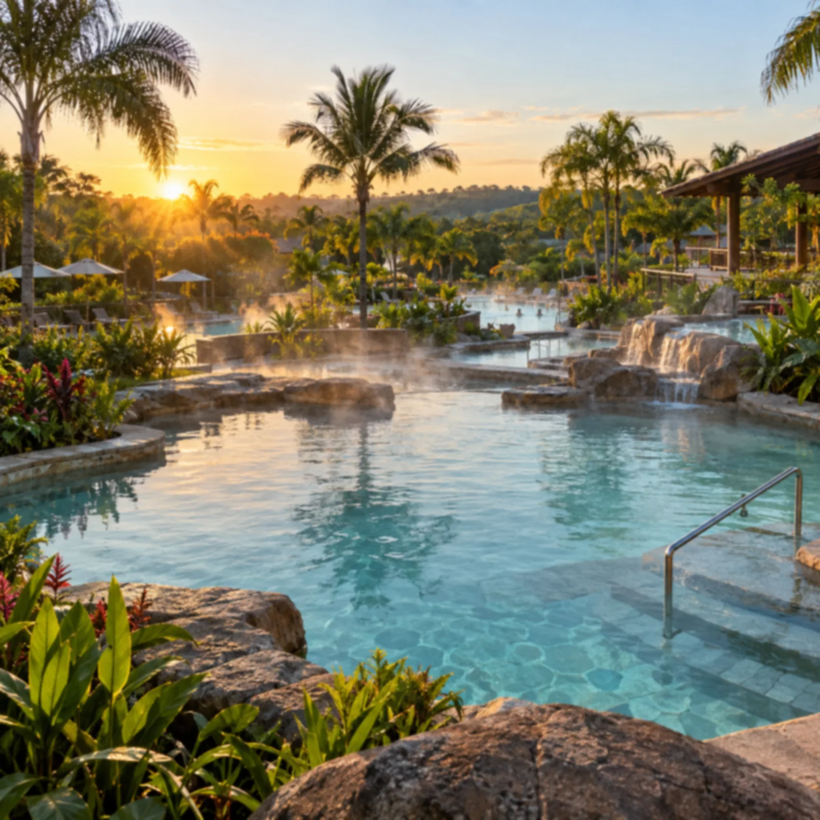 Conjunto de piscinas termais de tamanhos diferentes cercadas por jardins tropicais.