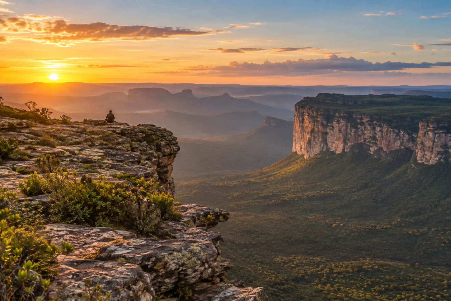 Vista panorâmica do alto de um morro de topo plano ao entardecer.
