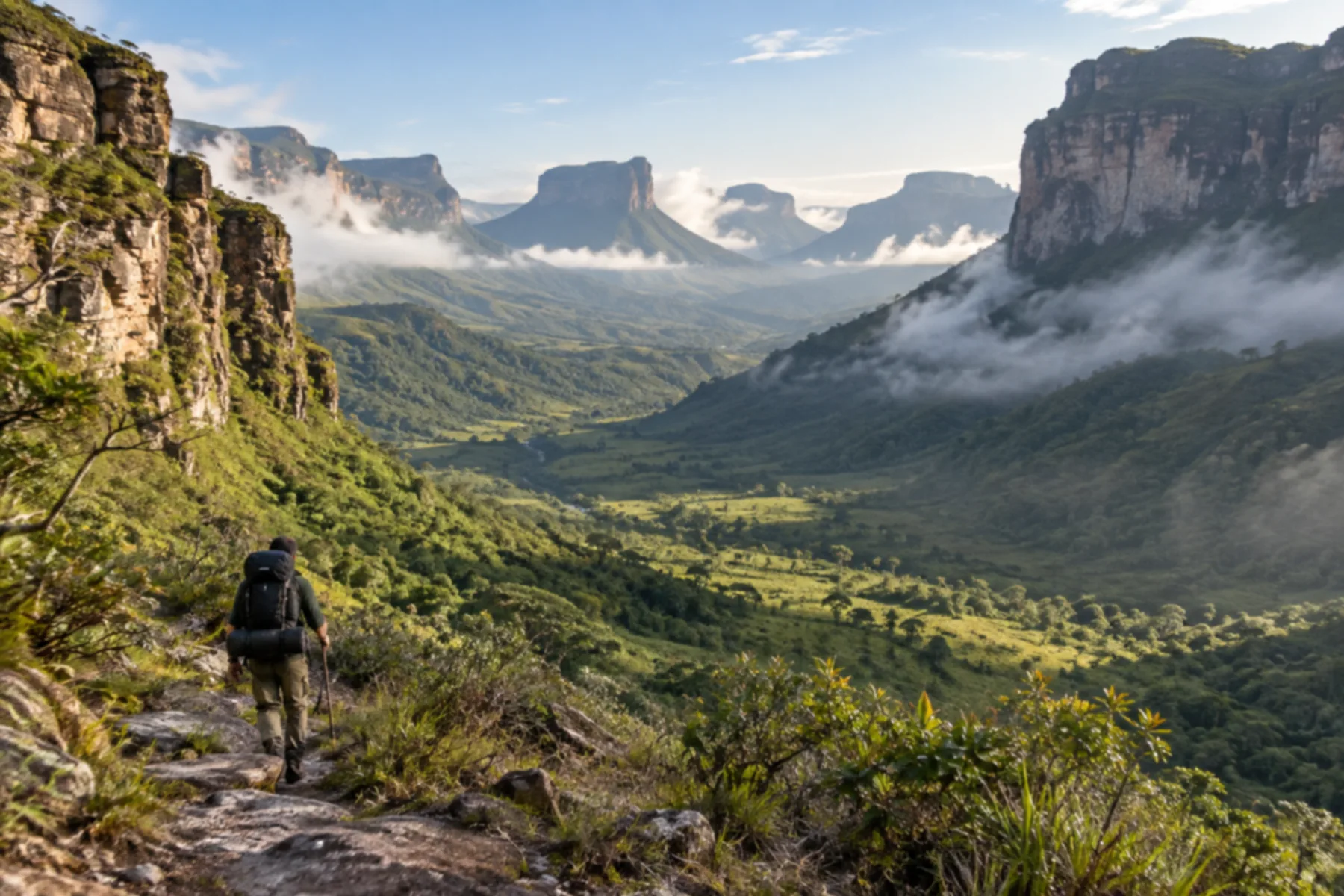 Trilheiro com mochila cargueira atravessando um vale verde cercado por paredões de rocha.