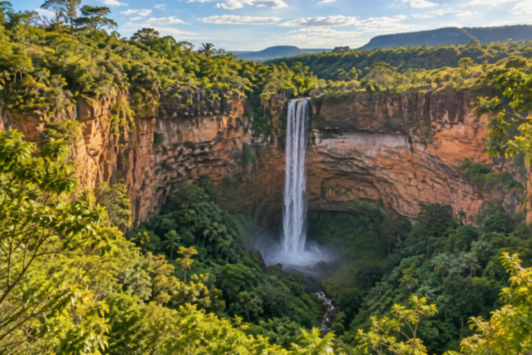 Cachoeira em queda livre de um paredão vermelho em formato de anfiteatro.