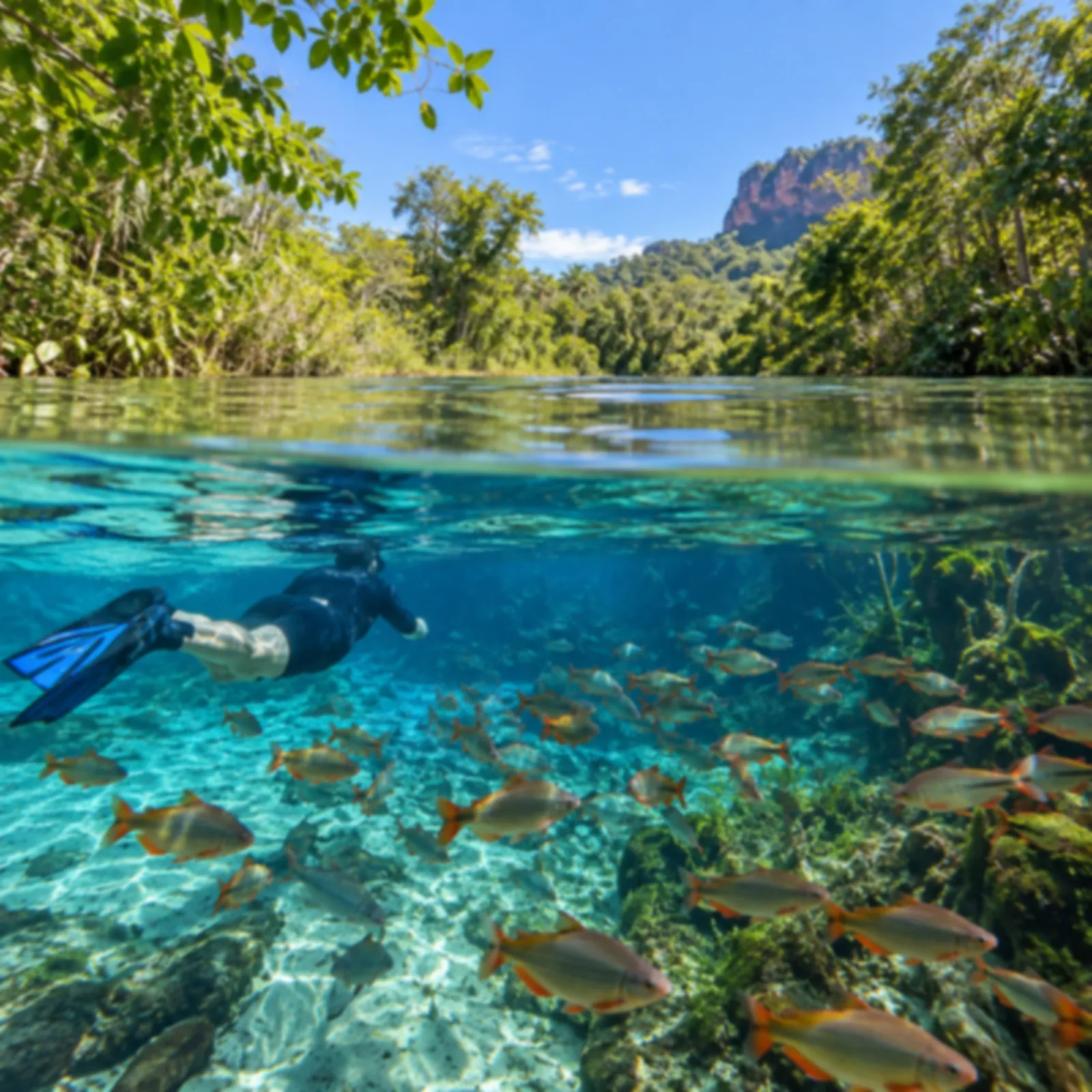 Flutuação em nascente de água azul-cristalina com grande cardume de peixes avermelhados nadando ao redor do mergulhador.