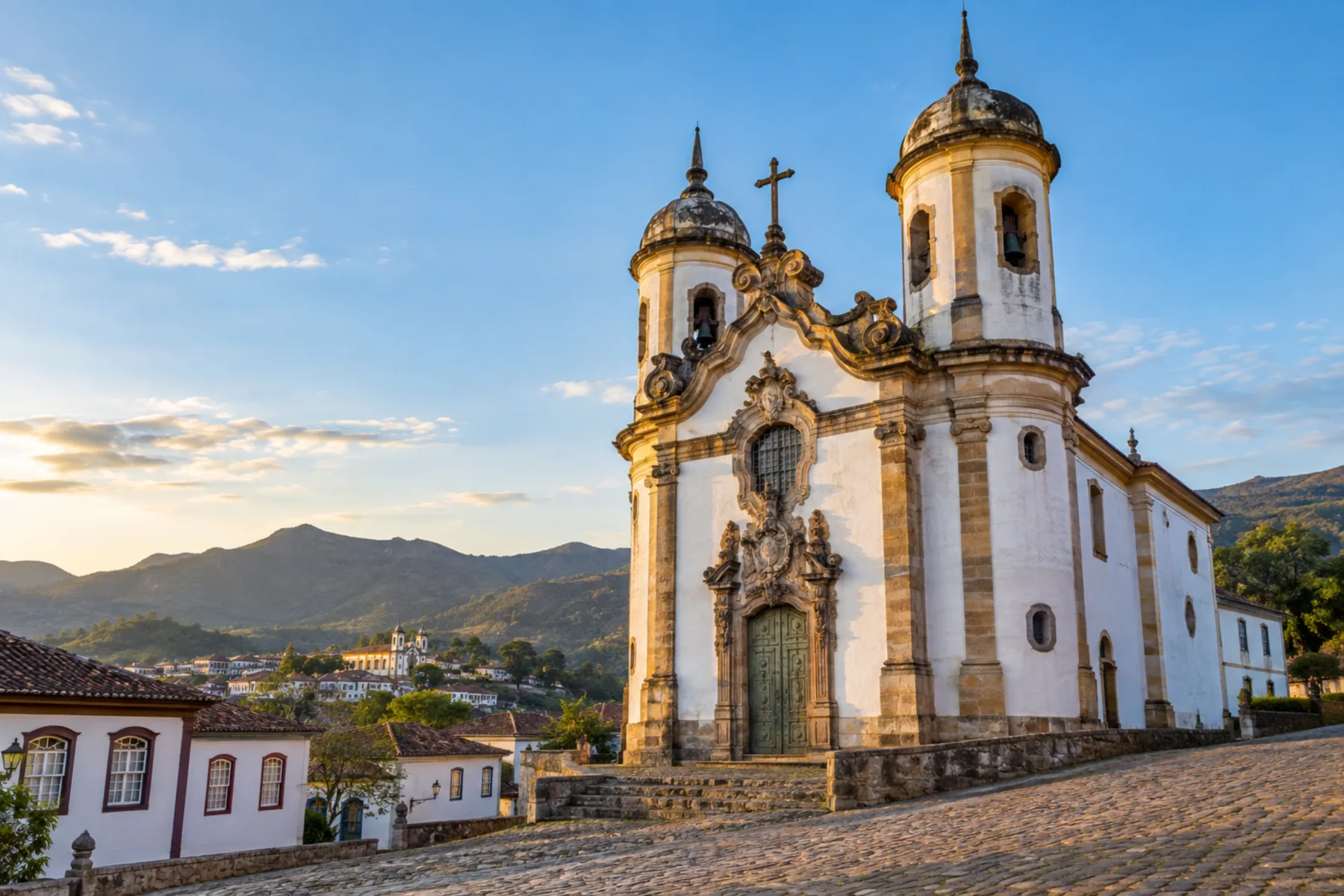 Igreja barroca de fachada branca com torres cilíndricas e portada esculpida em pedra-sabão.