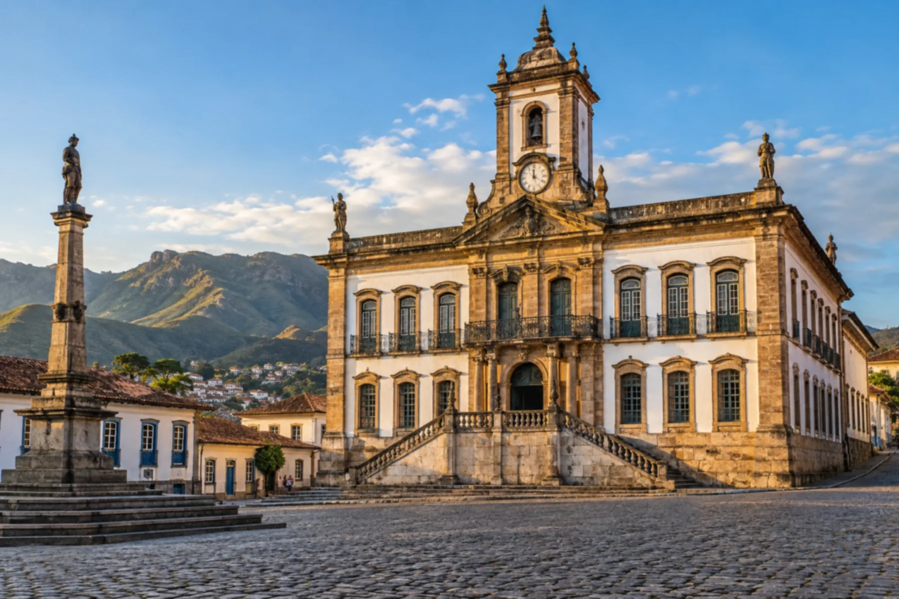 Prédio colonial imponente de pedra e cal com escadaria frontal ocupando um lado de uma praça histórica.