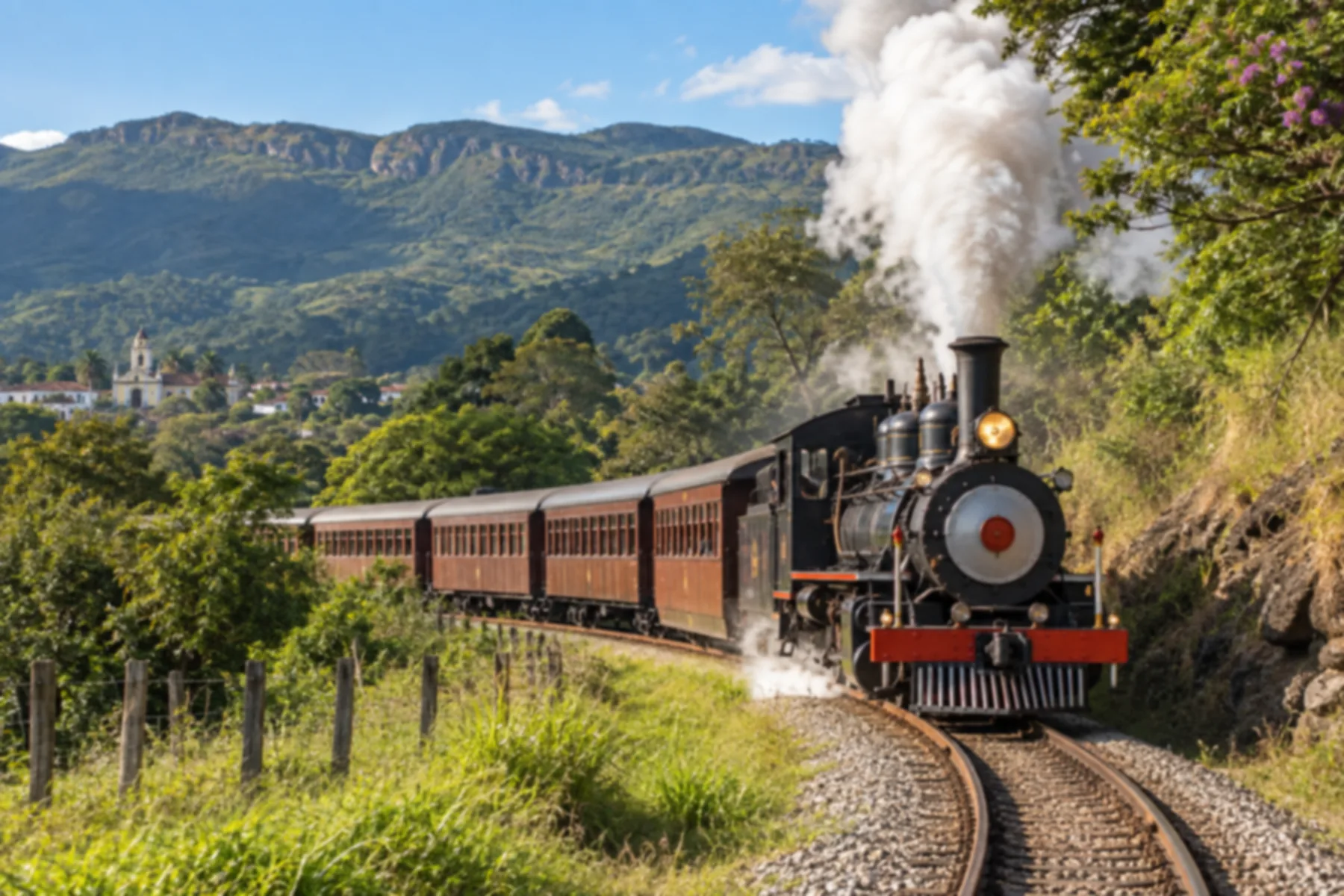 Locomotiva a vapor preta soltando fumaça branca em uma curva de trilhos.