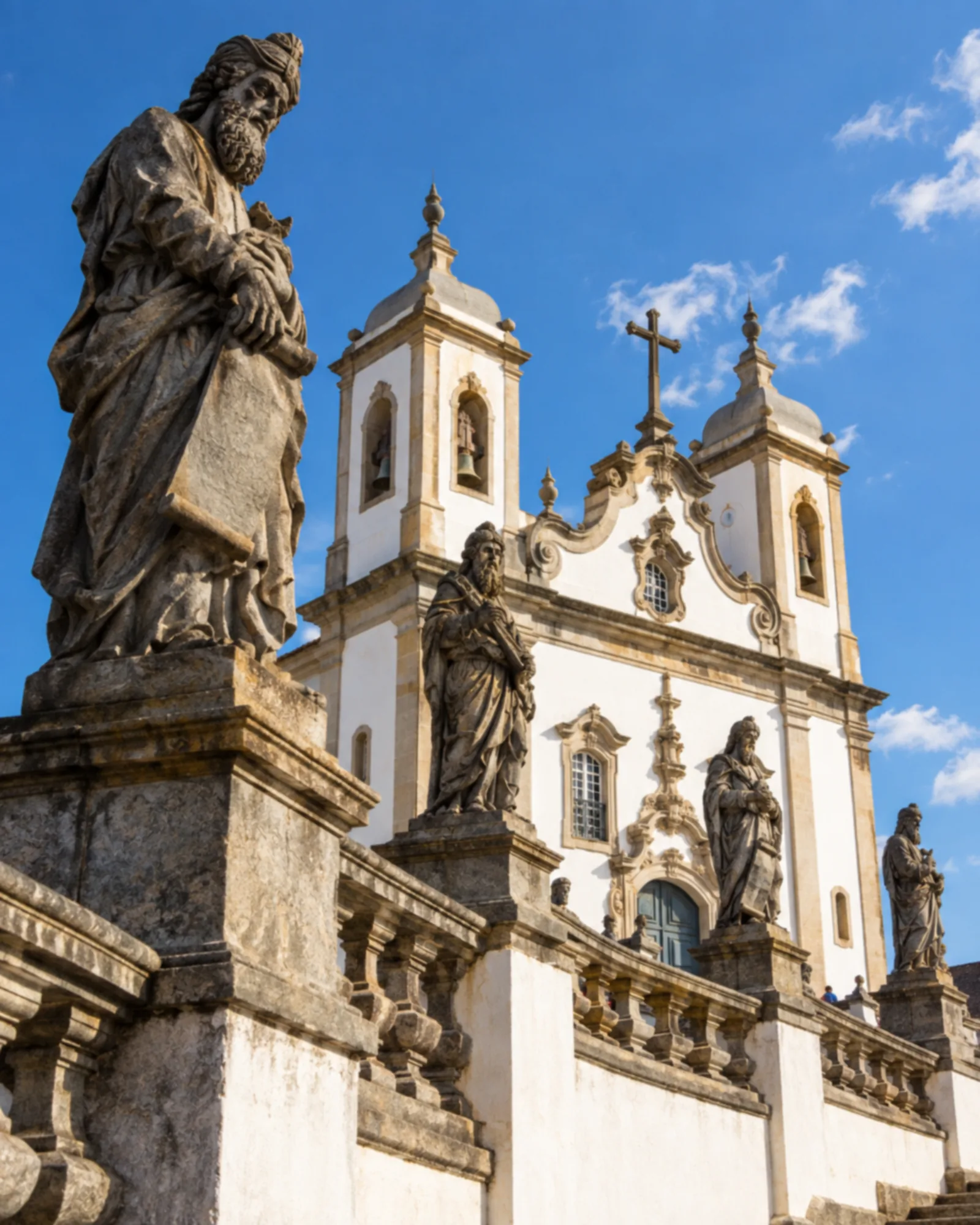 Adro de igreja barroca com estátuas de profetas em pedra-sabão escura sobre balaustrada.