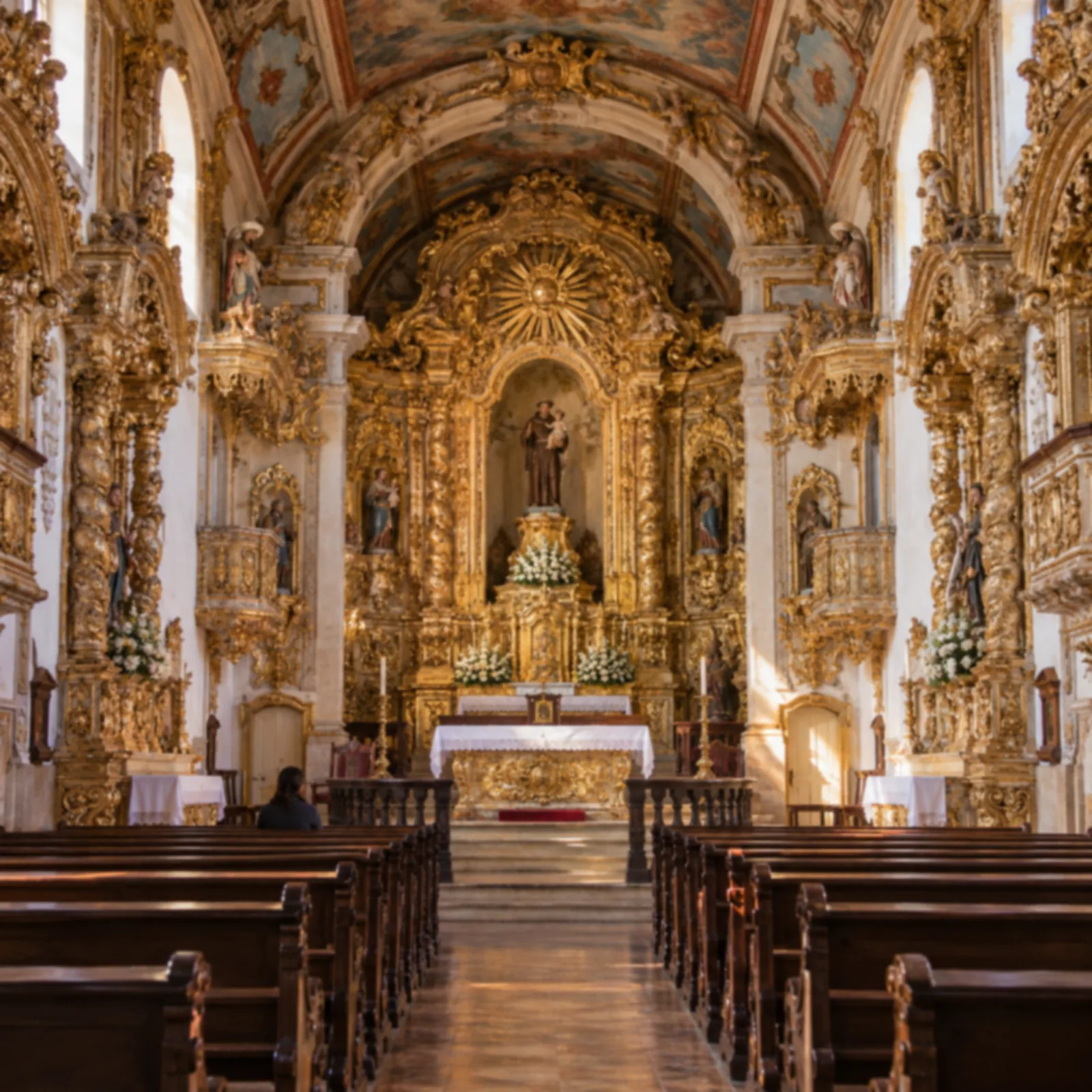 Interior de igreja barroca com altar-mor e paredes cobertas de talha dourada brilhando sob iluminação quente.