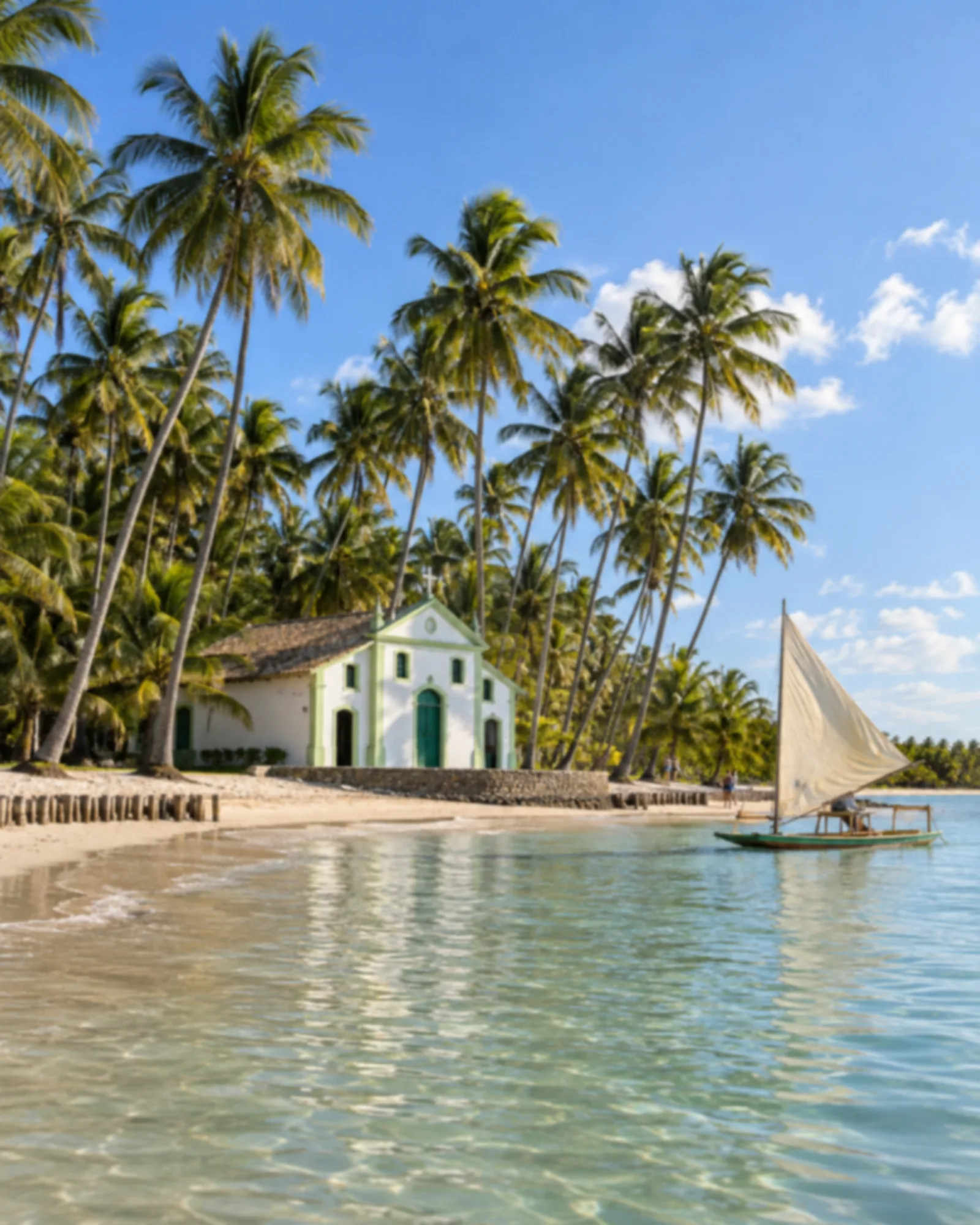Pequena capela branca de telhado colonial na beira da praia.