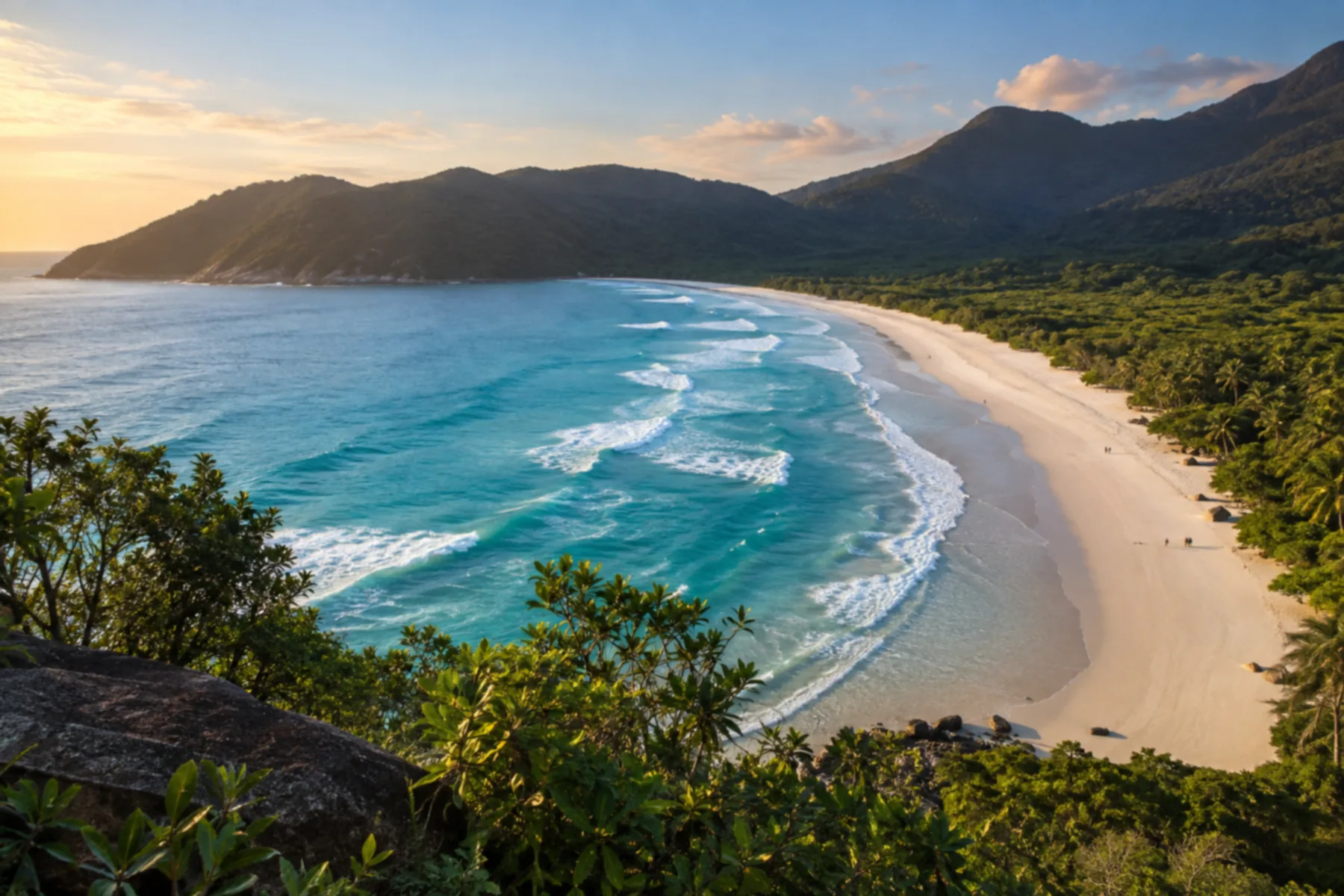 Areia clara e ondas na Praia de Lopes Mendes, na Ilha Grande.