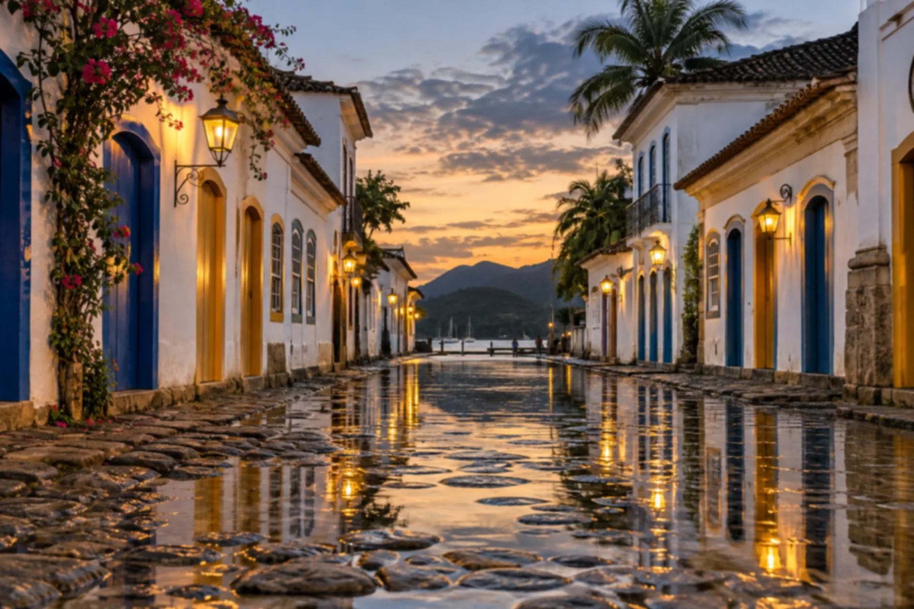 Casario colonial de Paraty refletido na água sobre as ruas de pedra.