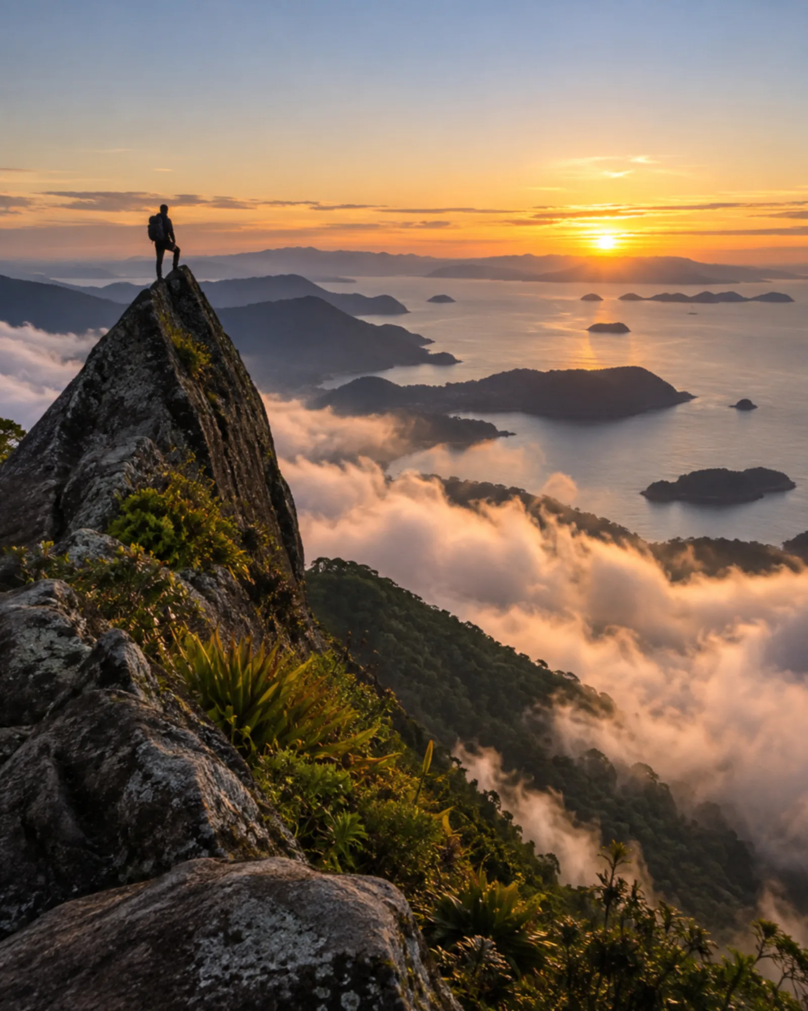 Amanhecer entre montanhas e ilhas, inspirado no Pico do Papagaio.