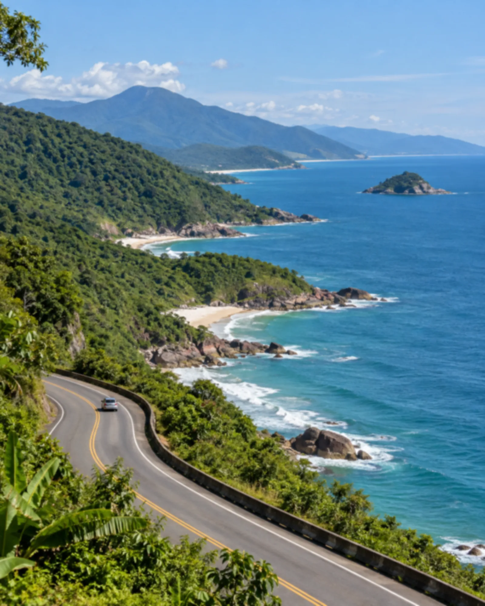 Estrada sinuosa à beira de encosta verde com o mar azul lá embaixo e pequenas enseadas de areia clara se sucedendo ao longo da costa.