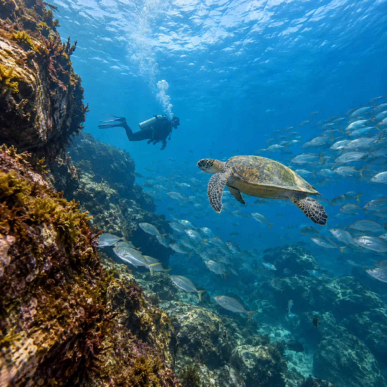 Mergulhador em água azul cristalina próximo a costão rochoso submerso.