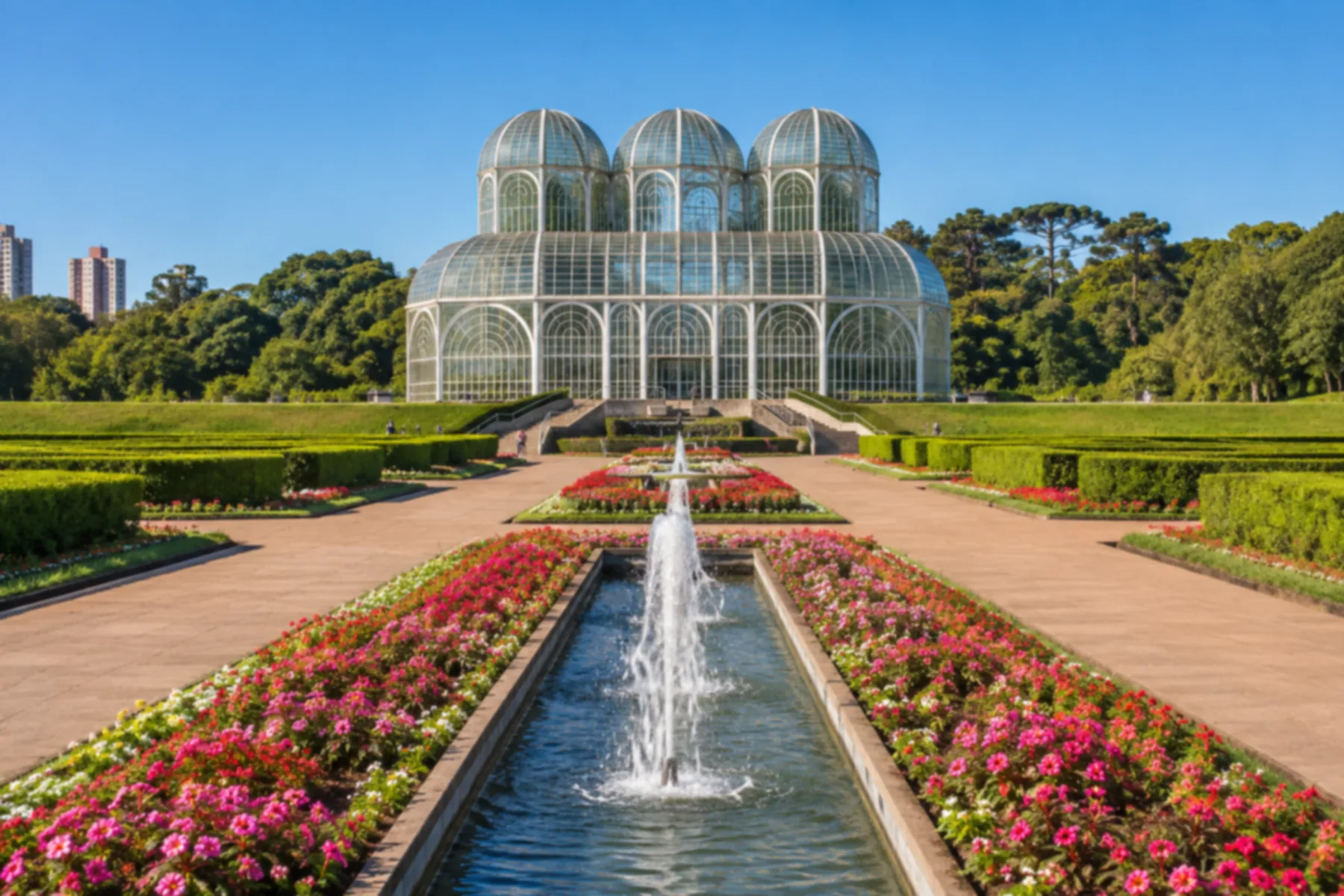 Estufa de vidro e estrutura metálica branca ao fim de jardins geométricos floridos.