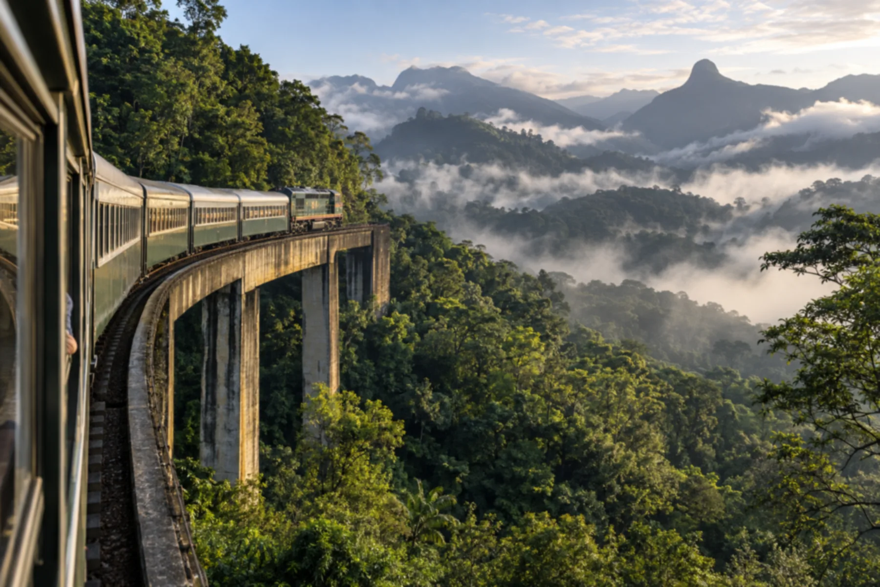 Trem de passageiros cruzando viaduto ferroviário curvo suspenso sobre vale de mata atlântica.