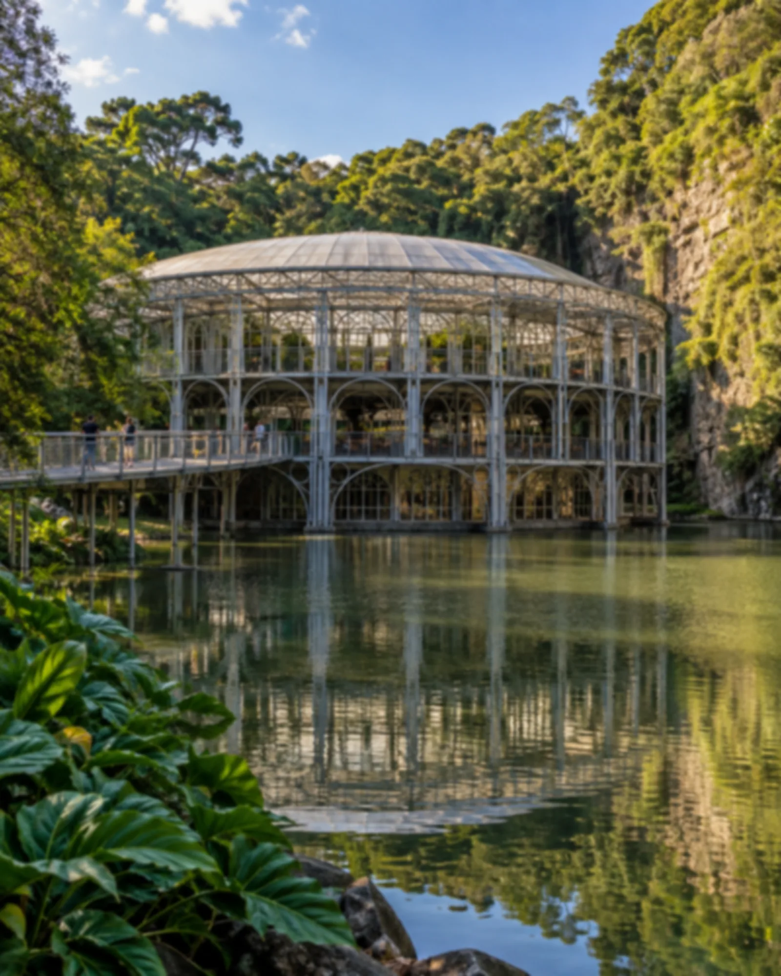 Teatro circular de tubos metálicos e teto de vidro sobre lago espelhado.