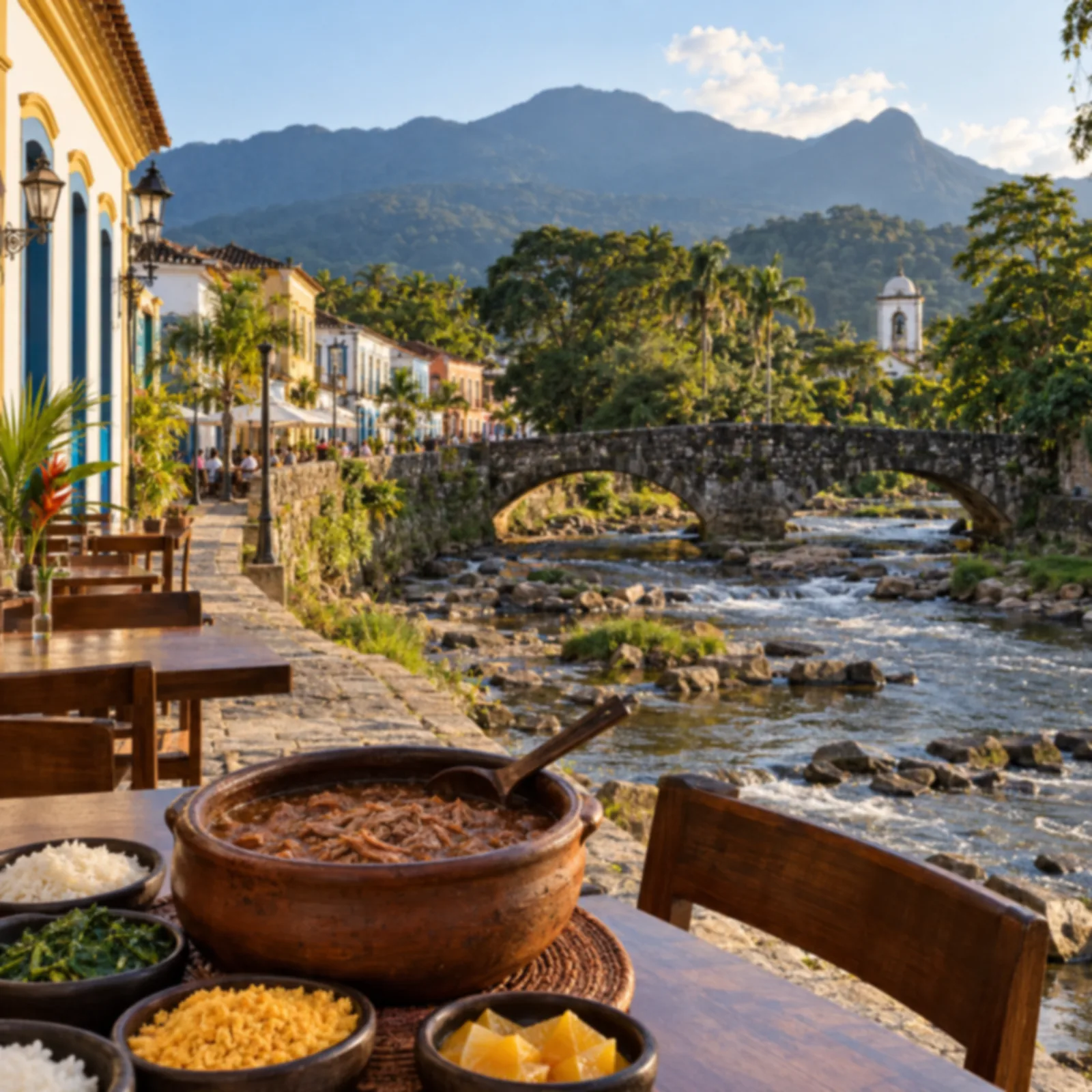 Casario colonial colorido à beira de rio raso com ponte de pedra.