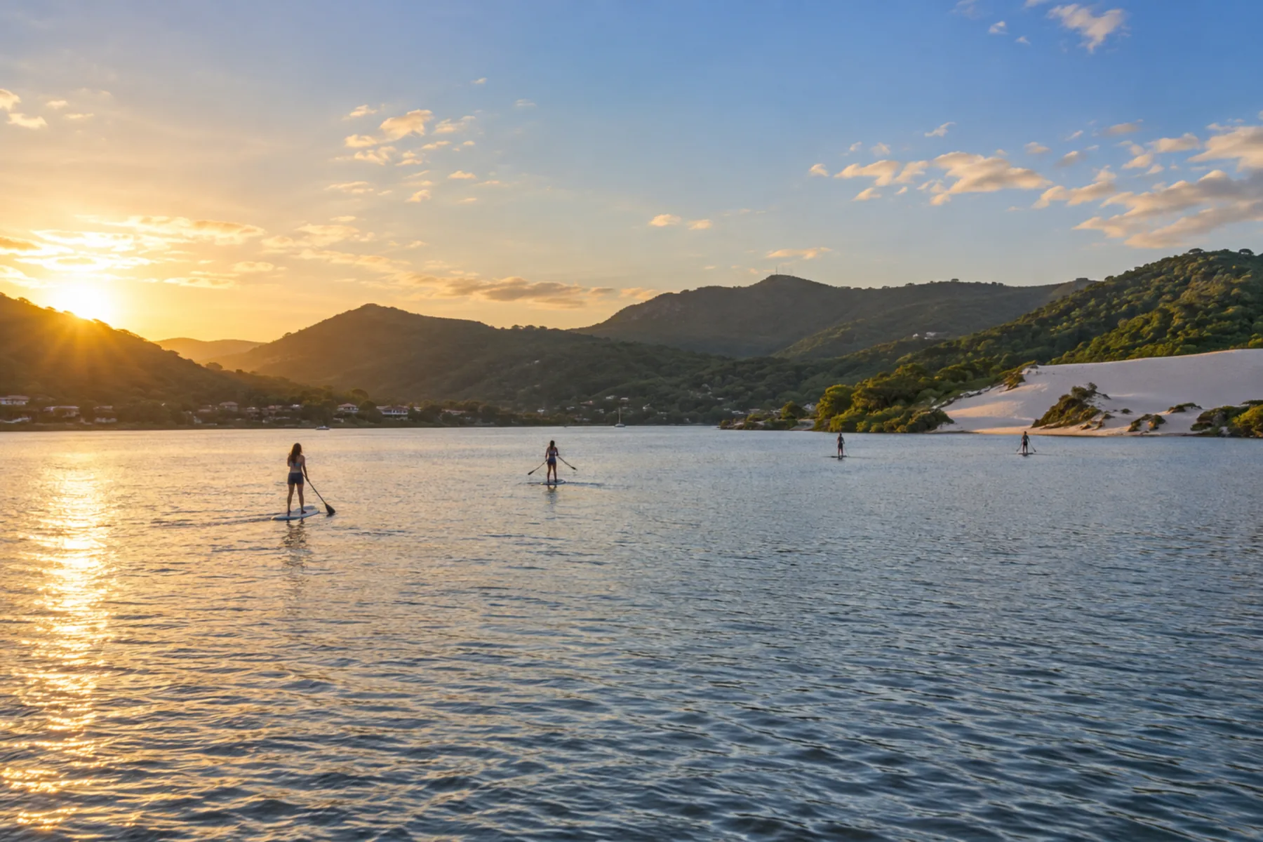Lagoa ampla cercada de morros verdes no fim de tarde.