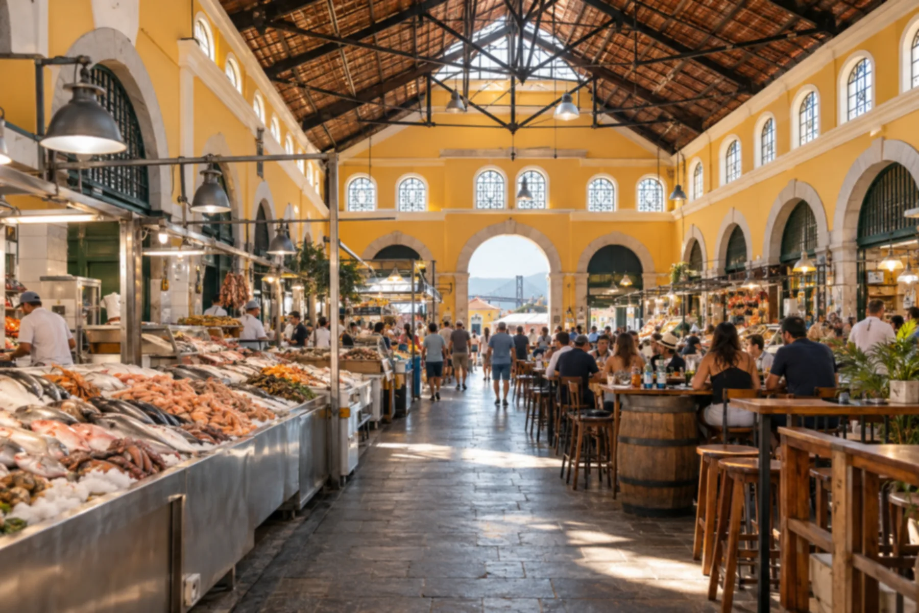Interior de mercado público histórico de paredes amarelas com boxes de frutos do mar.