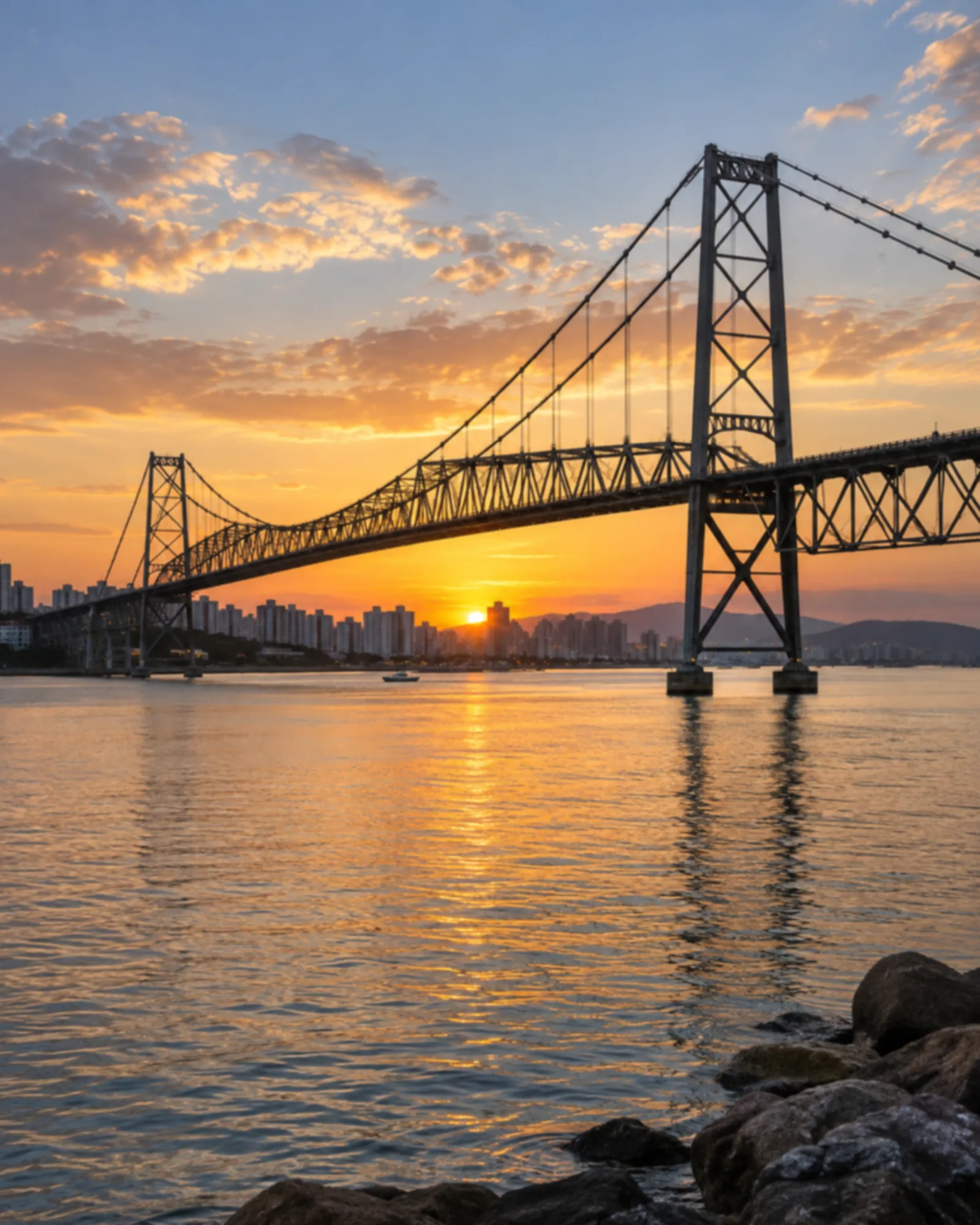 Ponte metálica pênsil iluminada ao entardecer sobre a baía.