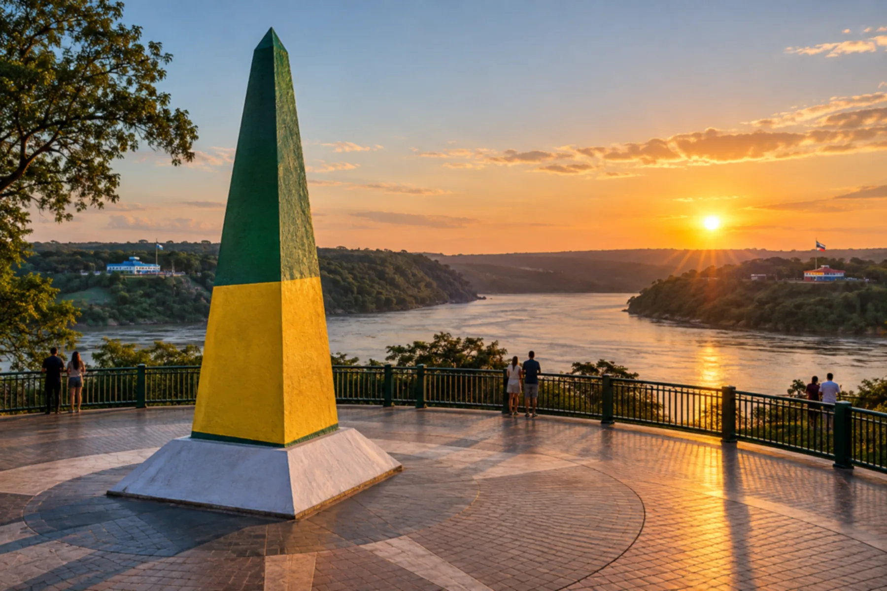 Obelisco em tons de verde e amarelo à beira do rio no fim de tarde.