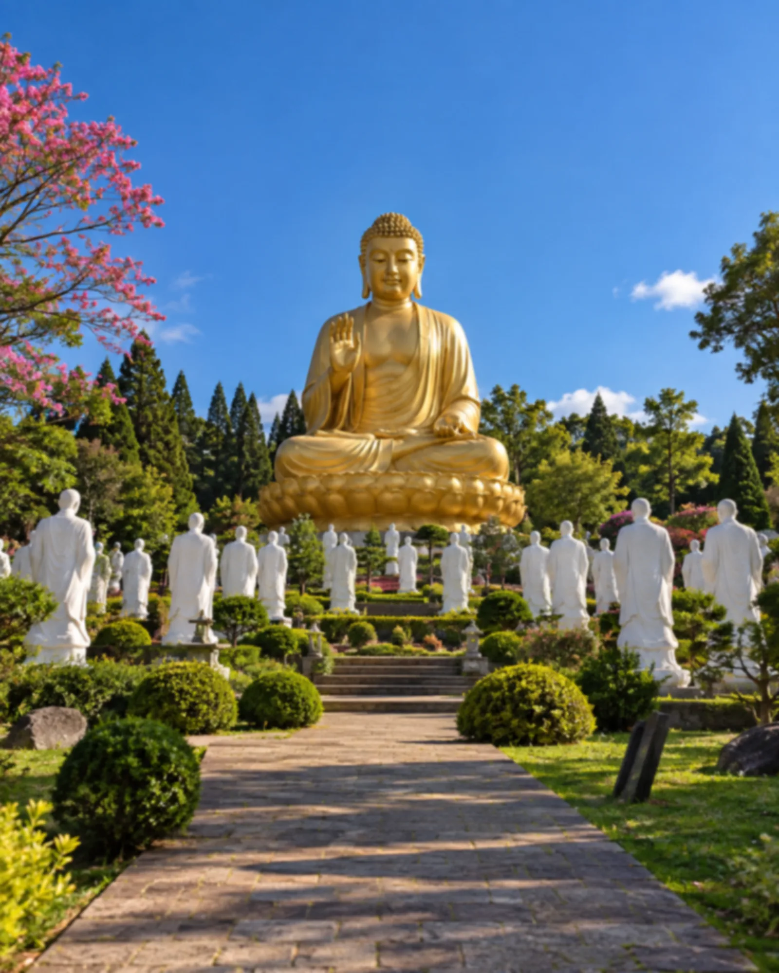 Grande estátua dourada de Buda ao ar livre cercada por dezenas de esculturas brancas em jardim ajardinado.