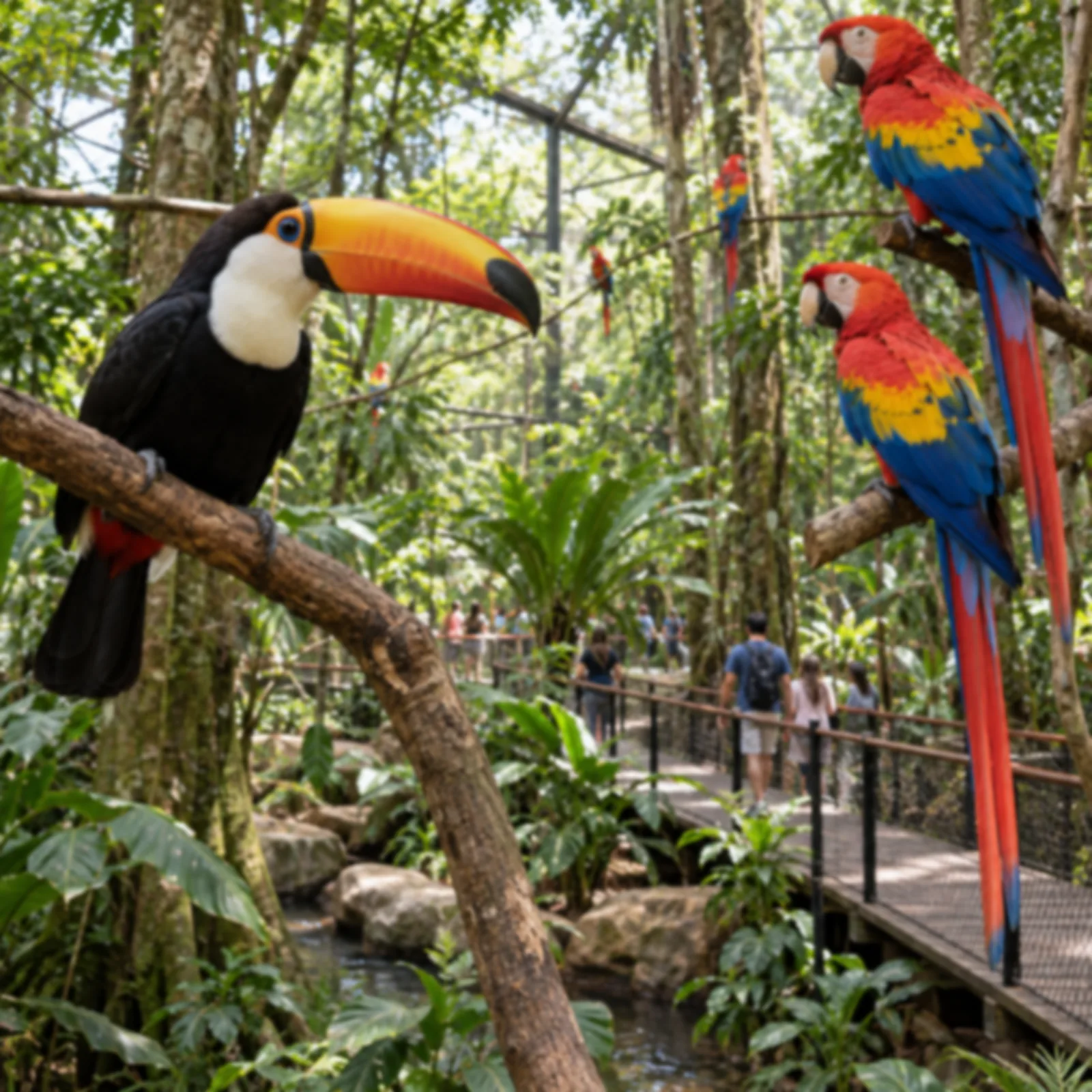Tucano e araras coloridas de perto dentro de um viveiro amplo de mata atlântica.