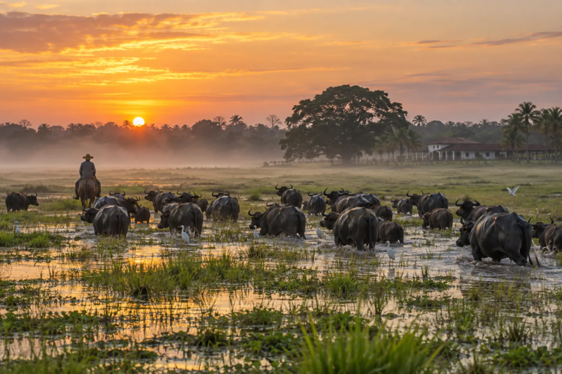 Rebanho de búfalos em campo alagado ao amanhecer.