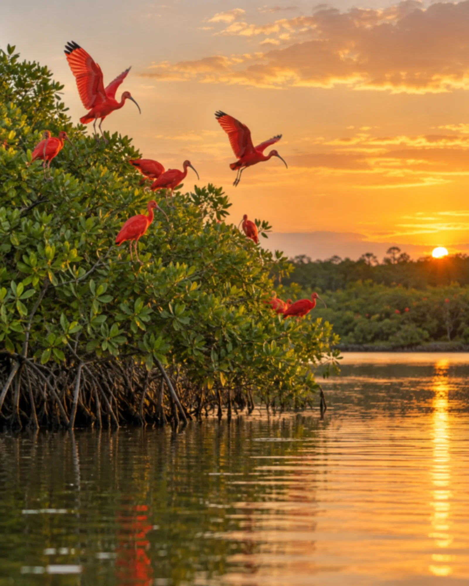 Bando de aves guará de plumagem vermelha pousando sobre mangue verde à beira de um lago.