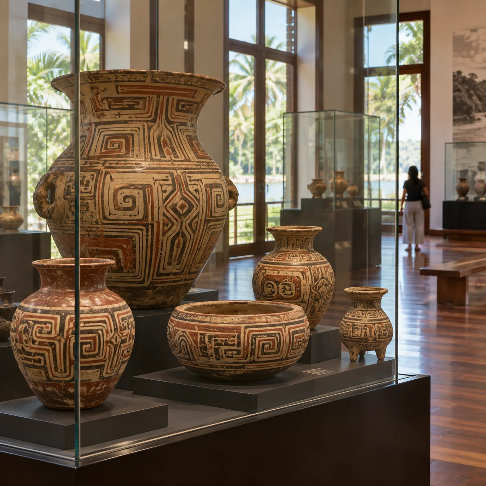 Vitrine com urnas e vasos de cerâmica marajoara de grafismos geométricos.