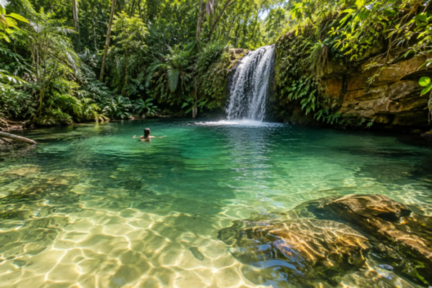 Pequena queda d'água caindo sobre uma piscina natural verde-esmeralda cercada de mata fechada.