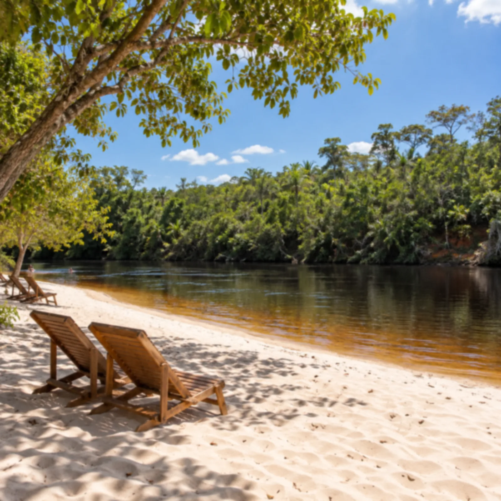 Praia de areia branca à beira de um rio de água escura e calma.