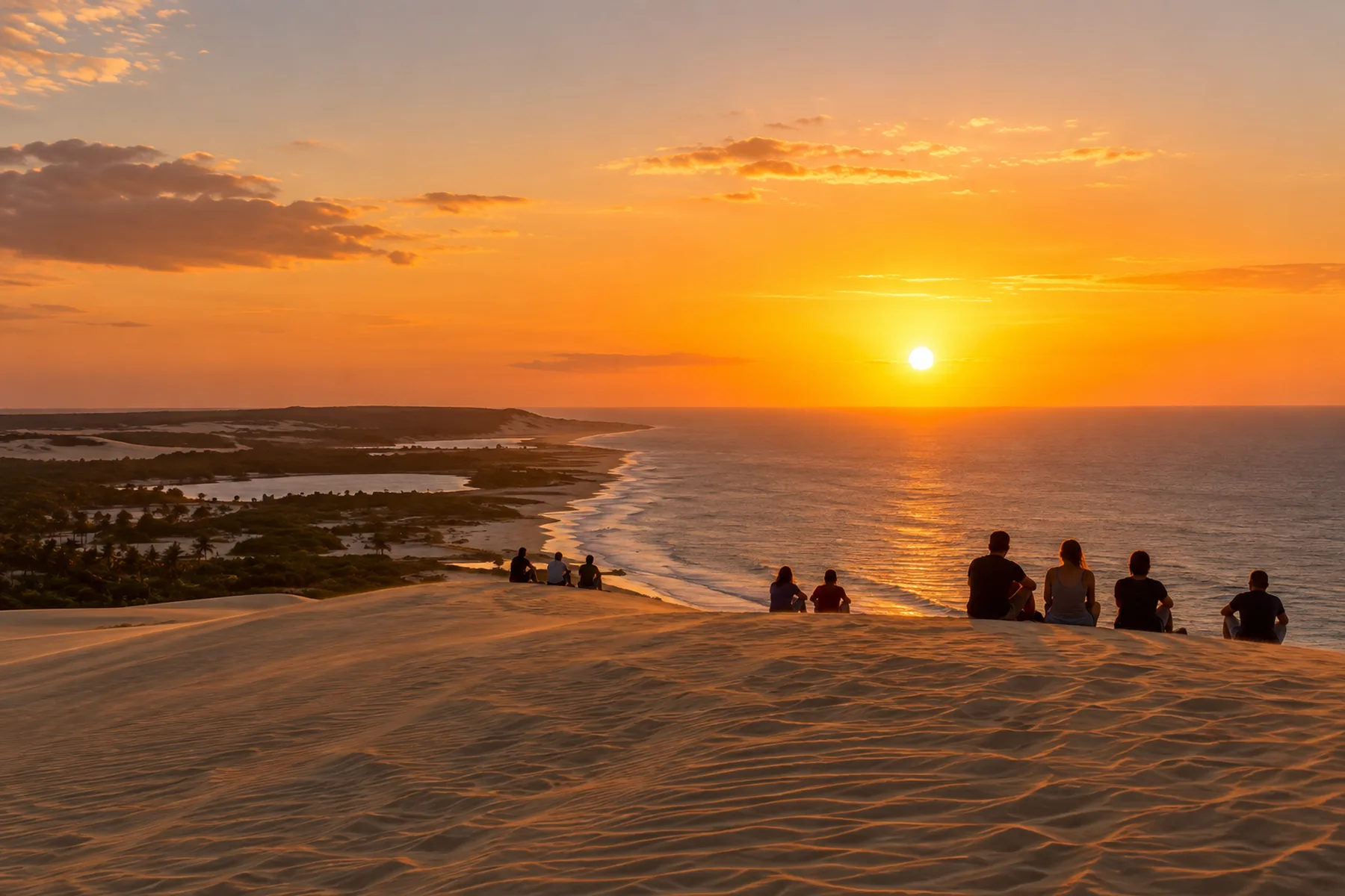 Silhuetas de pessoas sentadas no topo de uma duna gigante contra o sol alaranjado se pondo no mar.