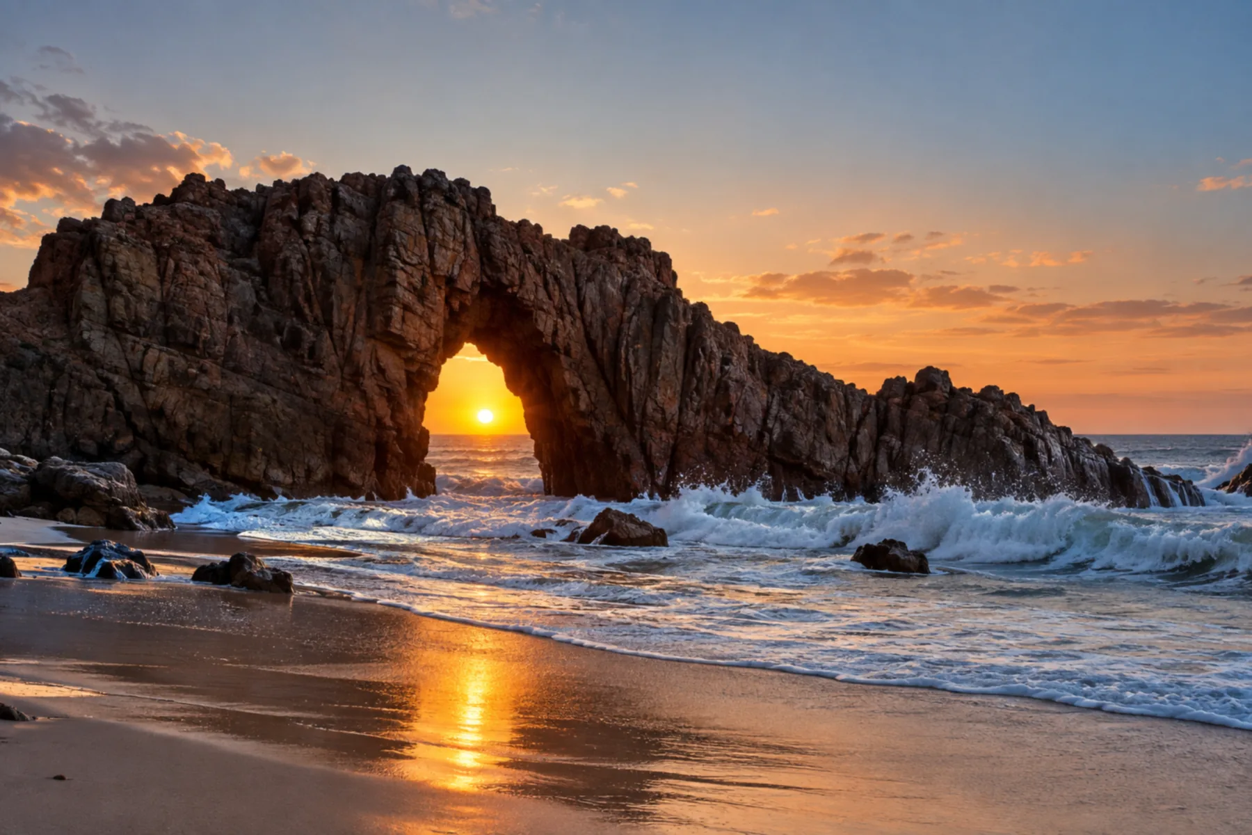 Arco de rocha escura na beira do mar ao amanhecer.