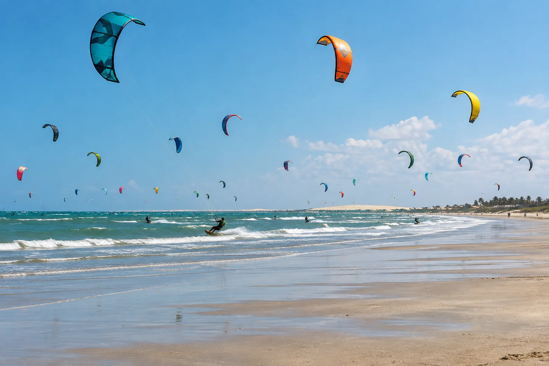 Dezenas de velas de kitesurfe coloridas sobre uma praia larga e ventosa.